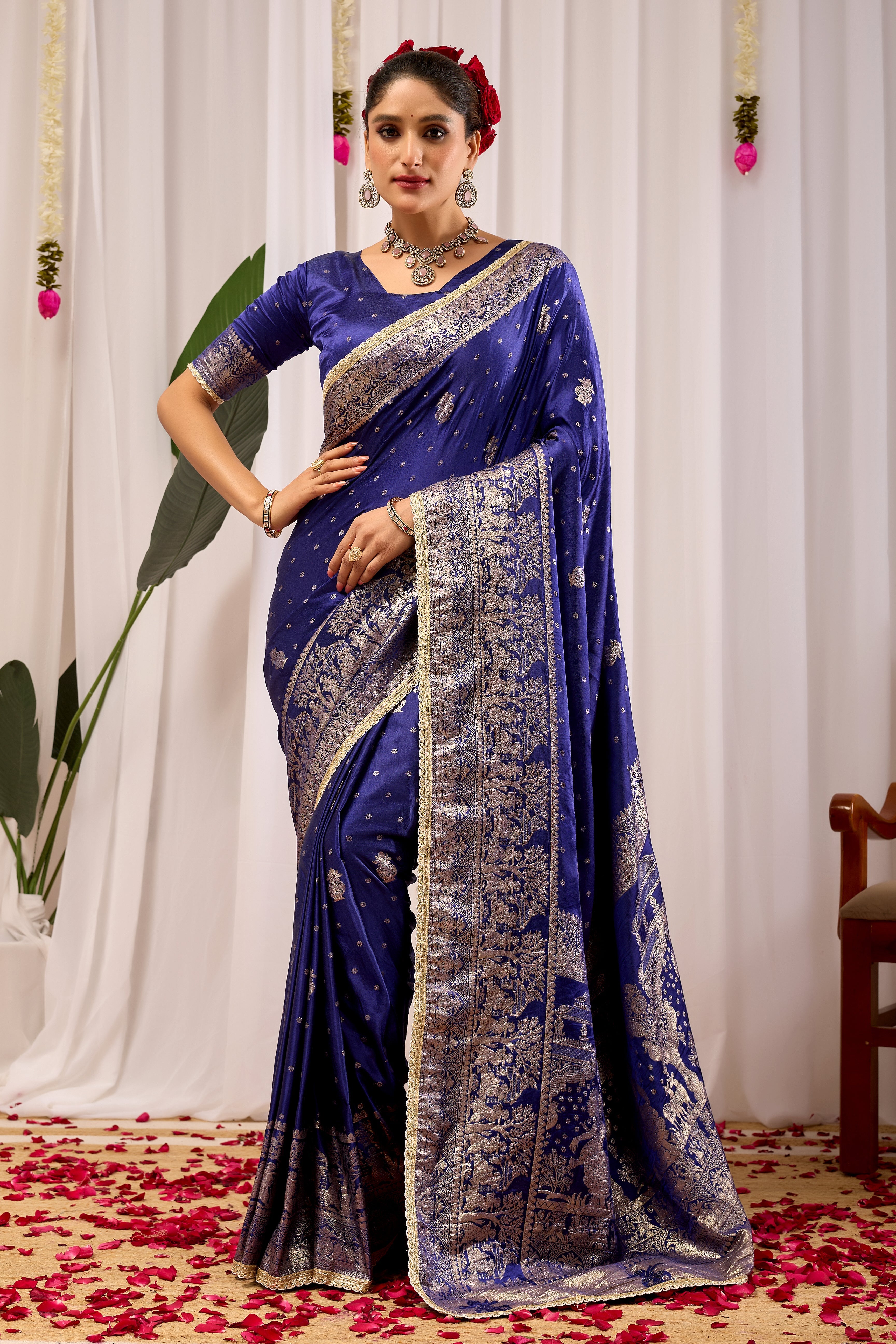 Imperial Royal  Blue Satin Silk by Icultuer in Antique Silver Weave