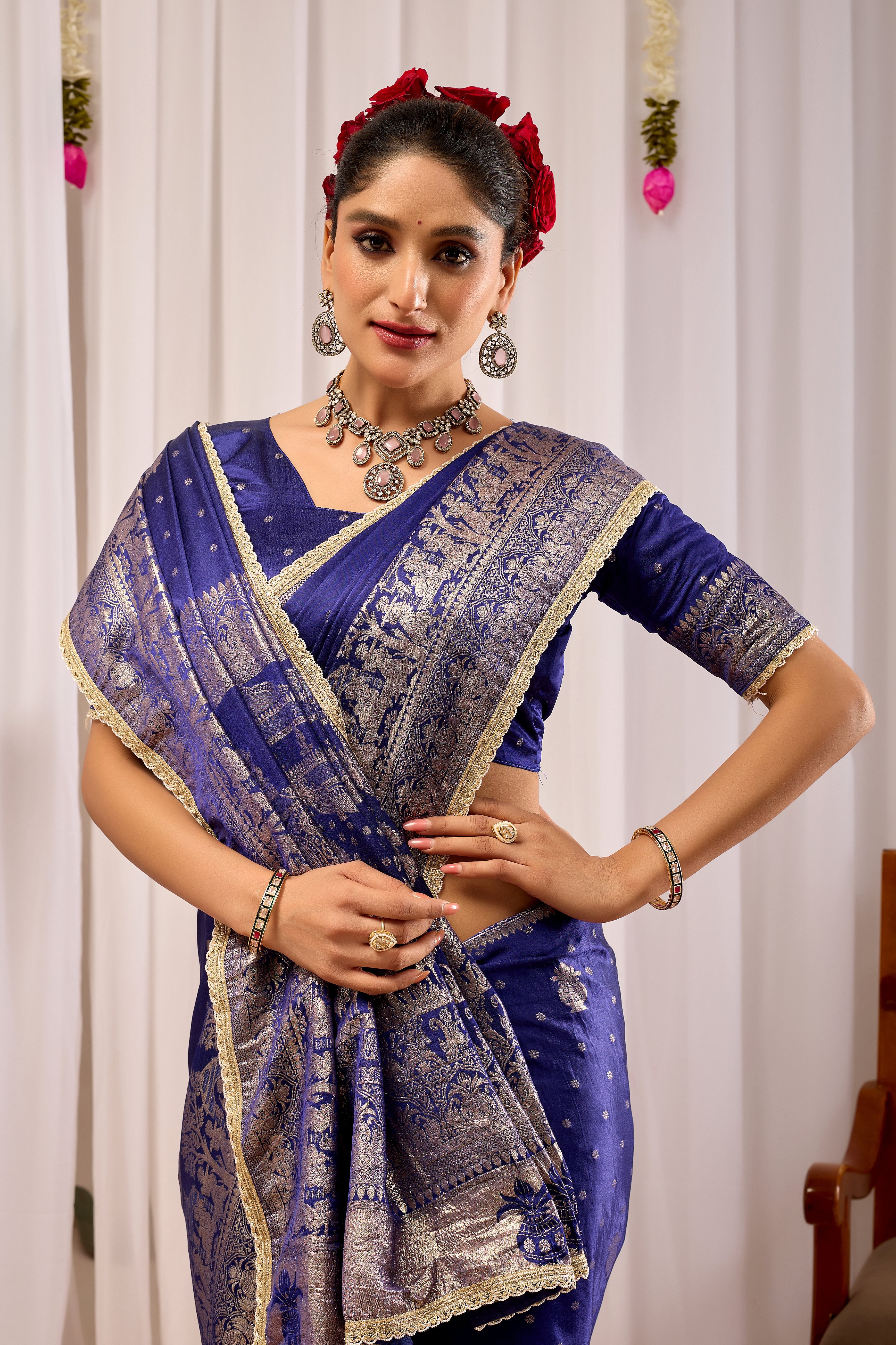 Imperial Royal  Blue Satin Silk Saree in Antique Silver Weave