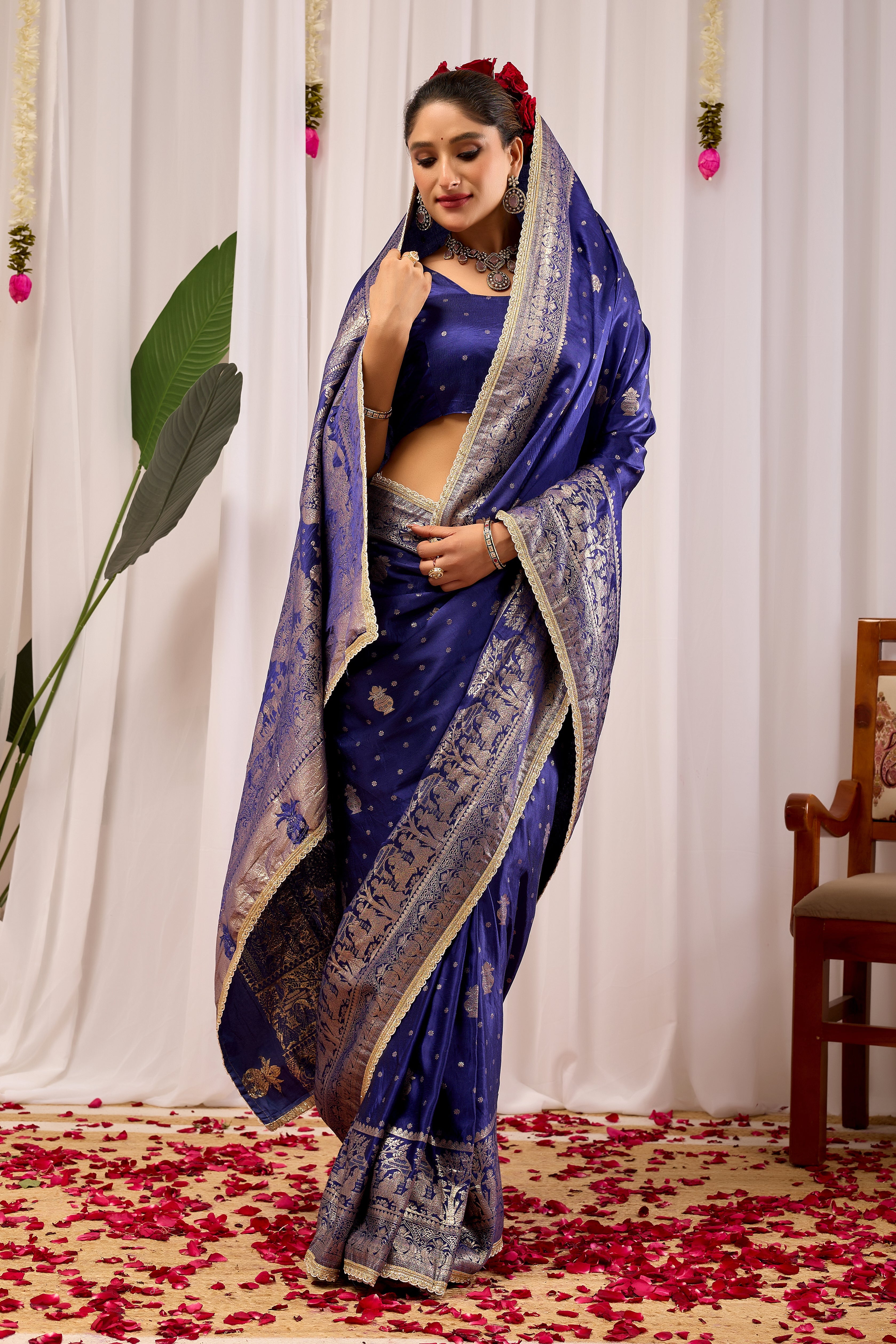 Imperial Royal  Blue Satin Silk Saree in Antique Silver Weave