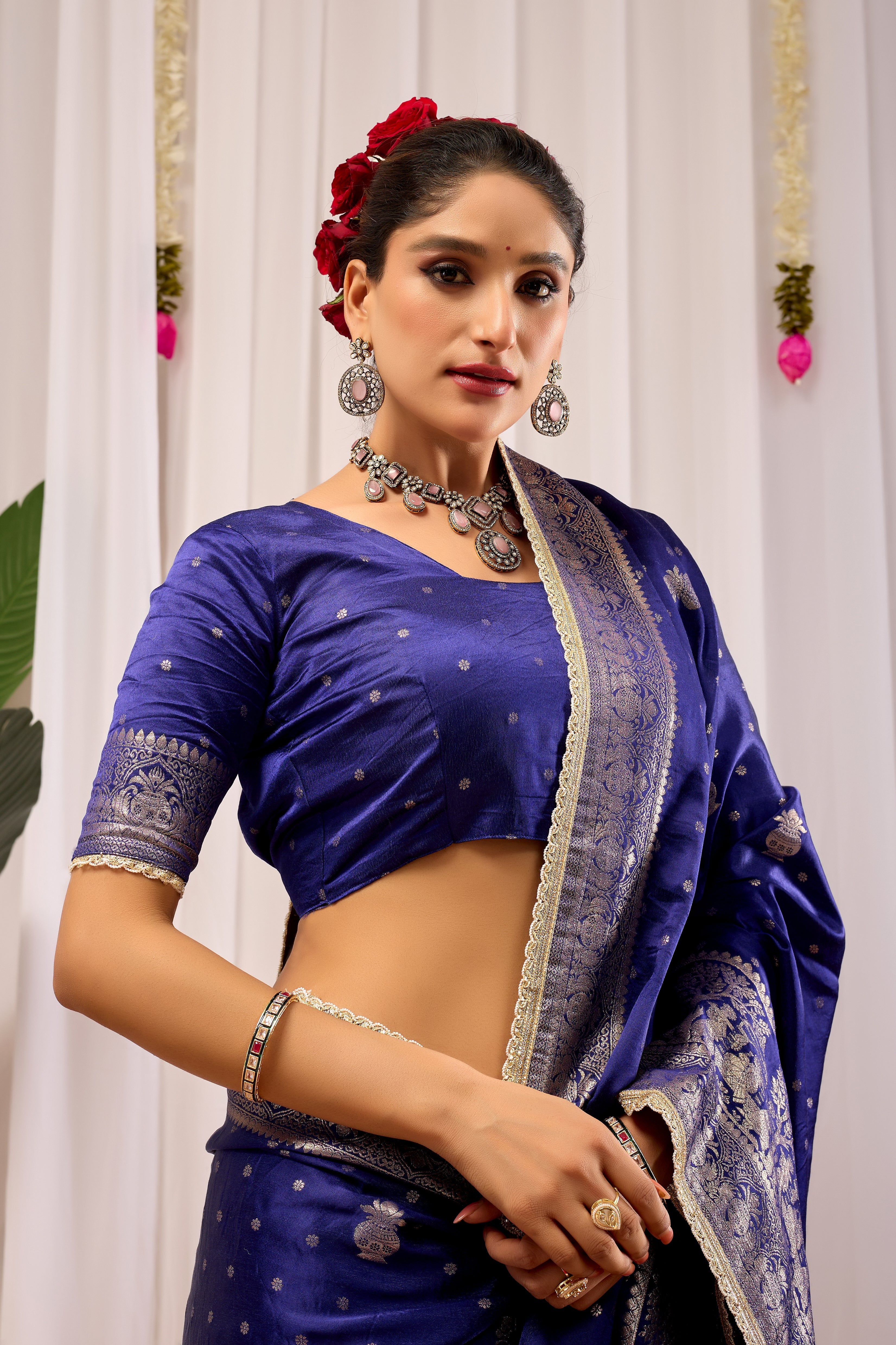 Imperial Royal  Blue Satin Silk Saree in Antique Silver Weave