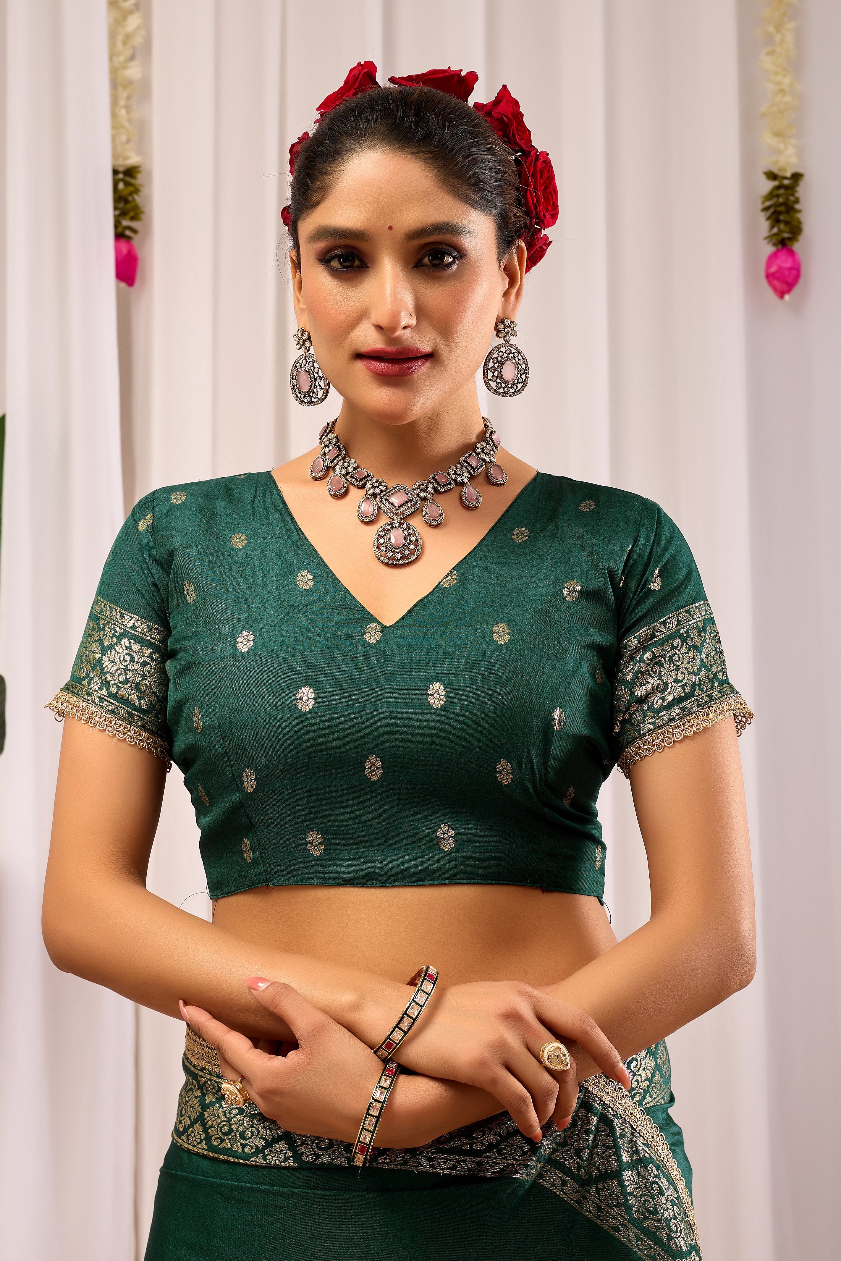 Emerald Royale  satin Silk by Icultuer with Antique Gold Zari Paisley Weaving