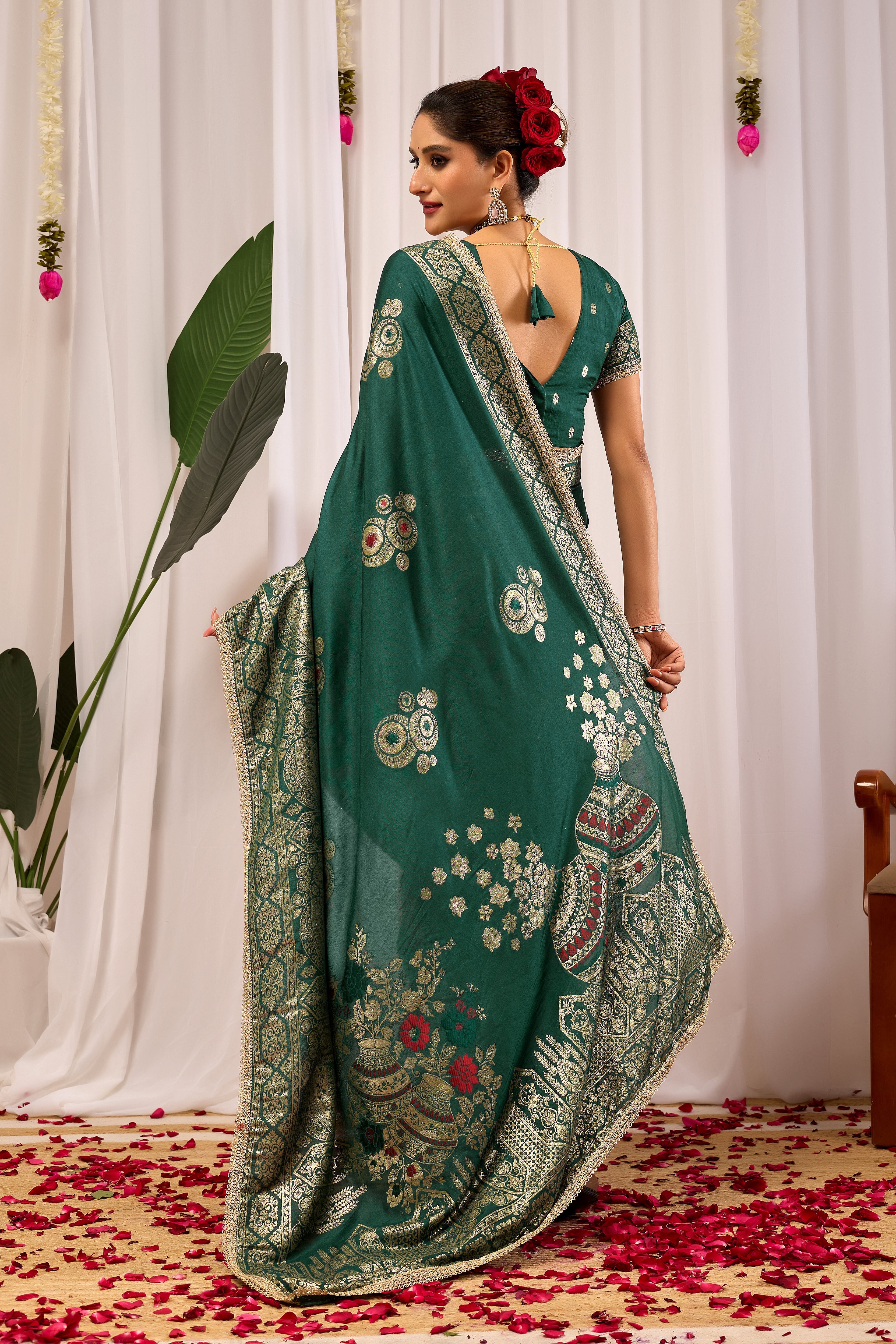 Emerald Royale  satin Silk by Icultuer with Antique Gold Zari Paisley Weaving