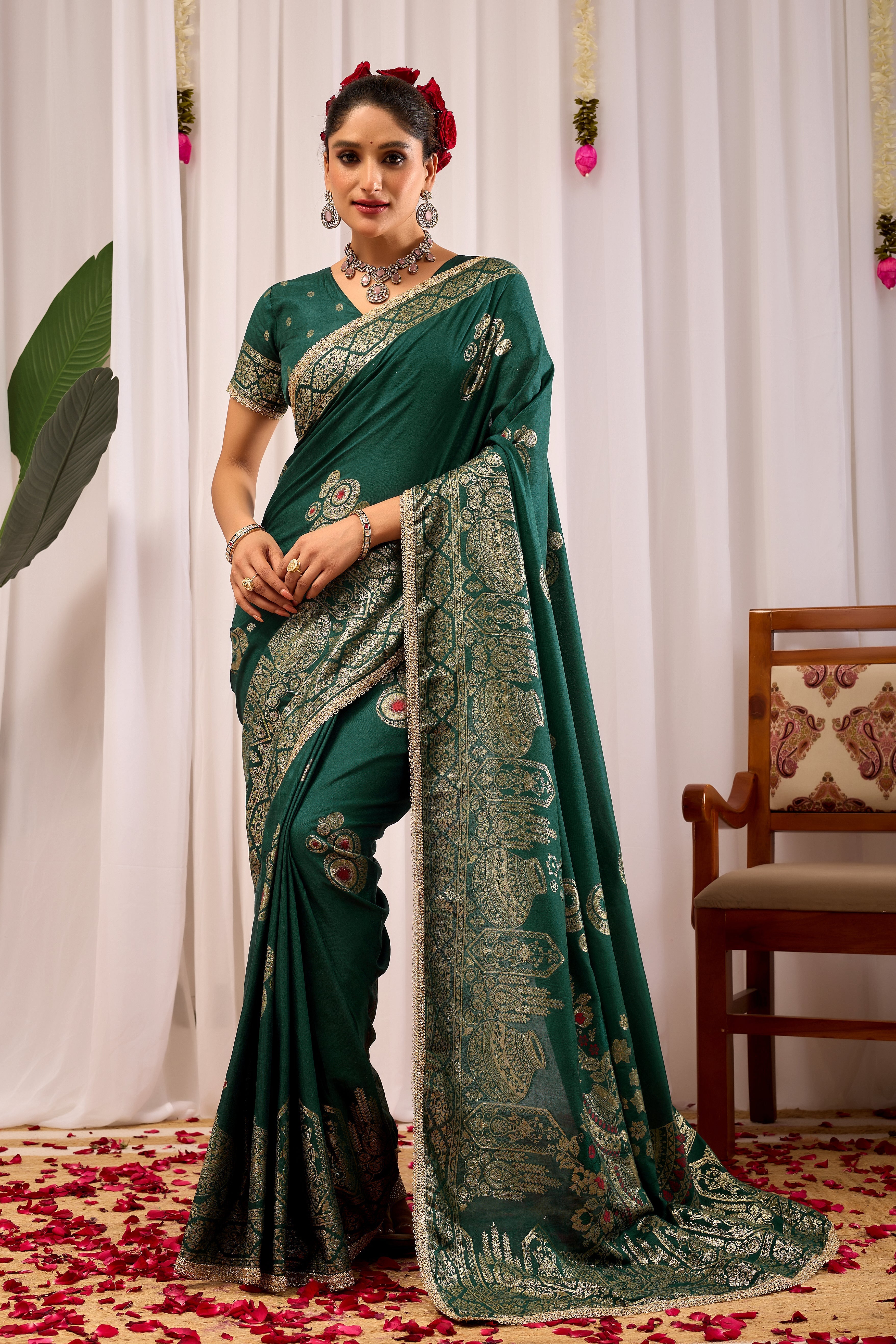 Emerald Royale  satin Silk by Icultuer with Antique Gold Zari Paisley Weaving