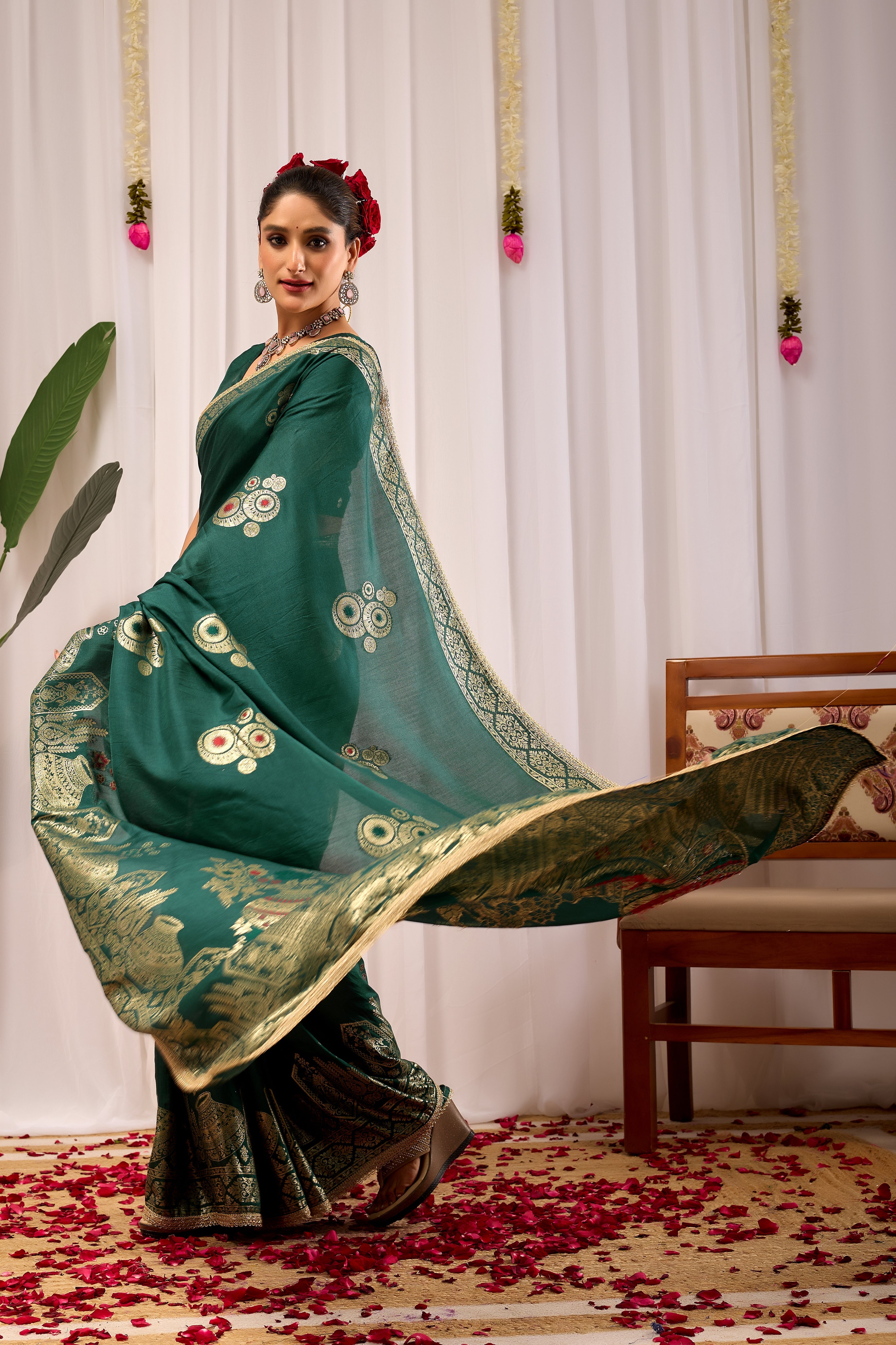 Emerald Royale  satin Silk by Icultuer with Antique Gold Zari Paisley Weaving