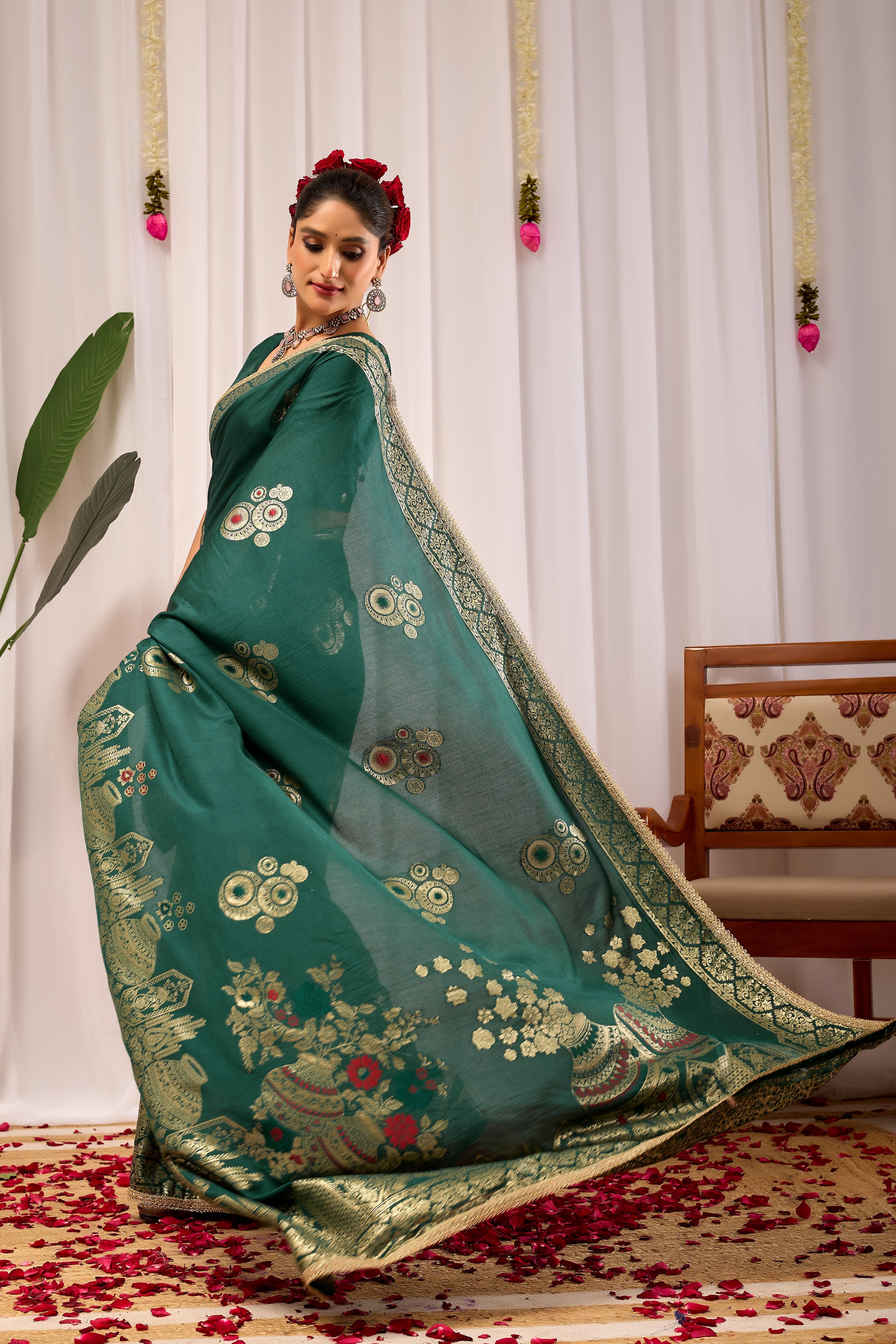 Emerald Royale  satin Silk by Icultuer with Antique Gold Zari Paisley Weaving