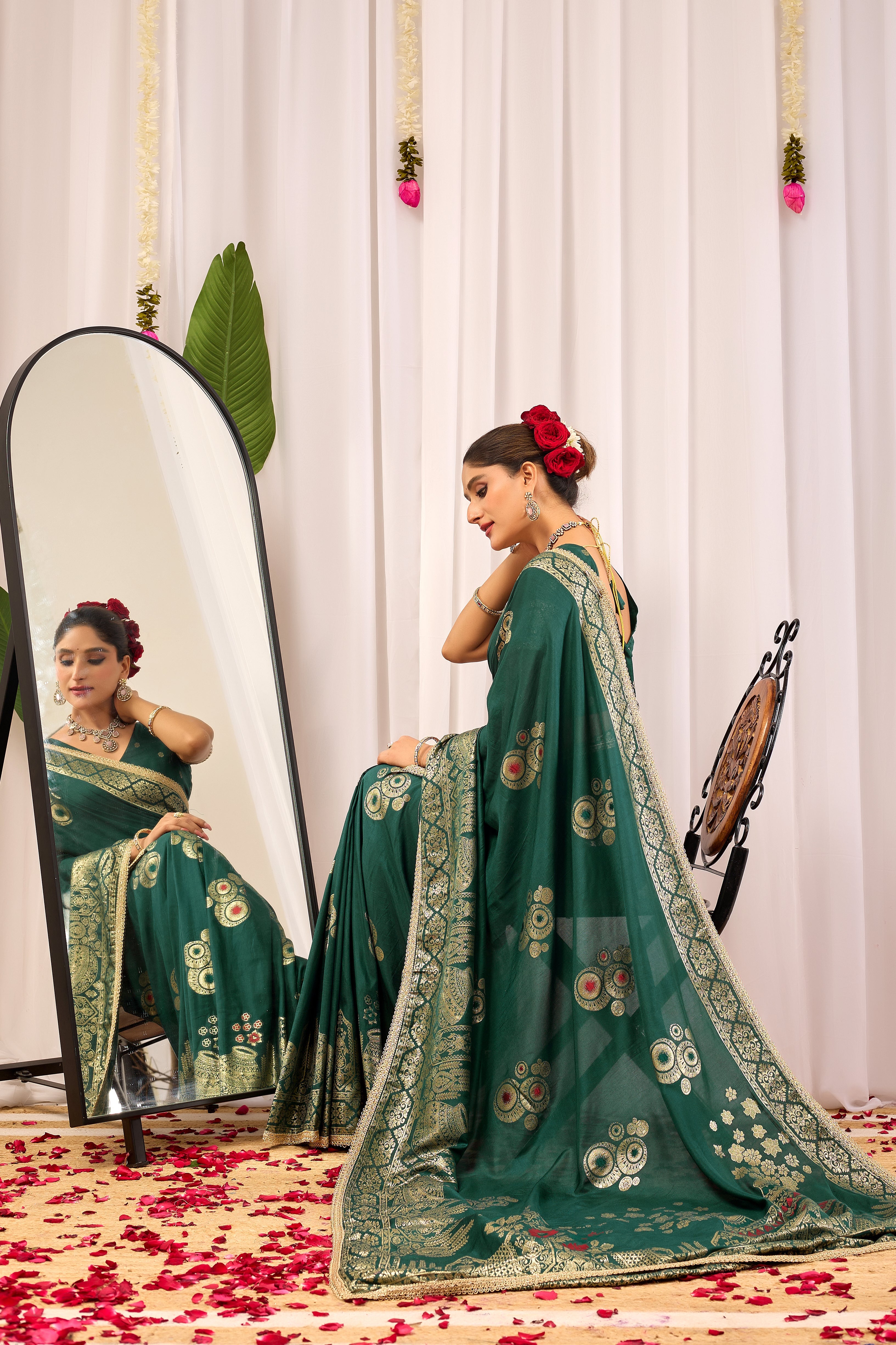 Emerald Royale  satin Silk Saree with Antique Gold Zari Paisley Weaving