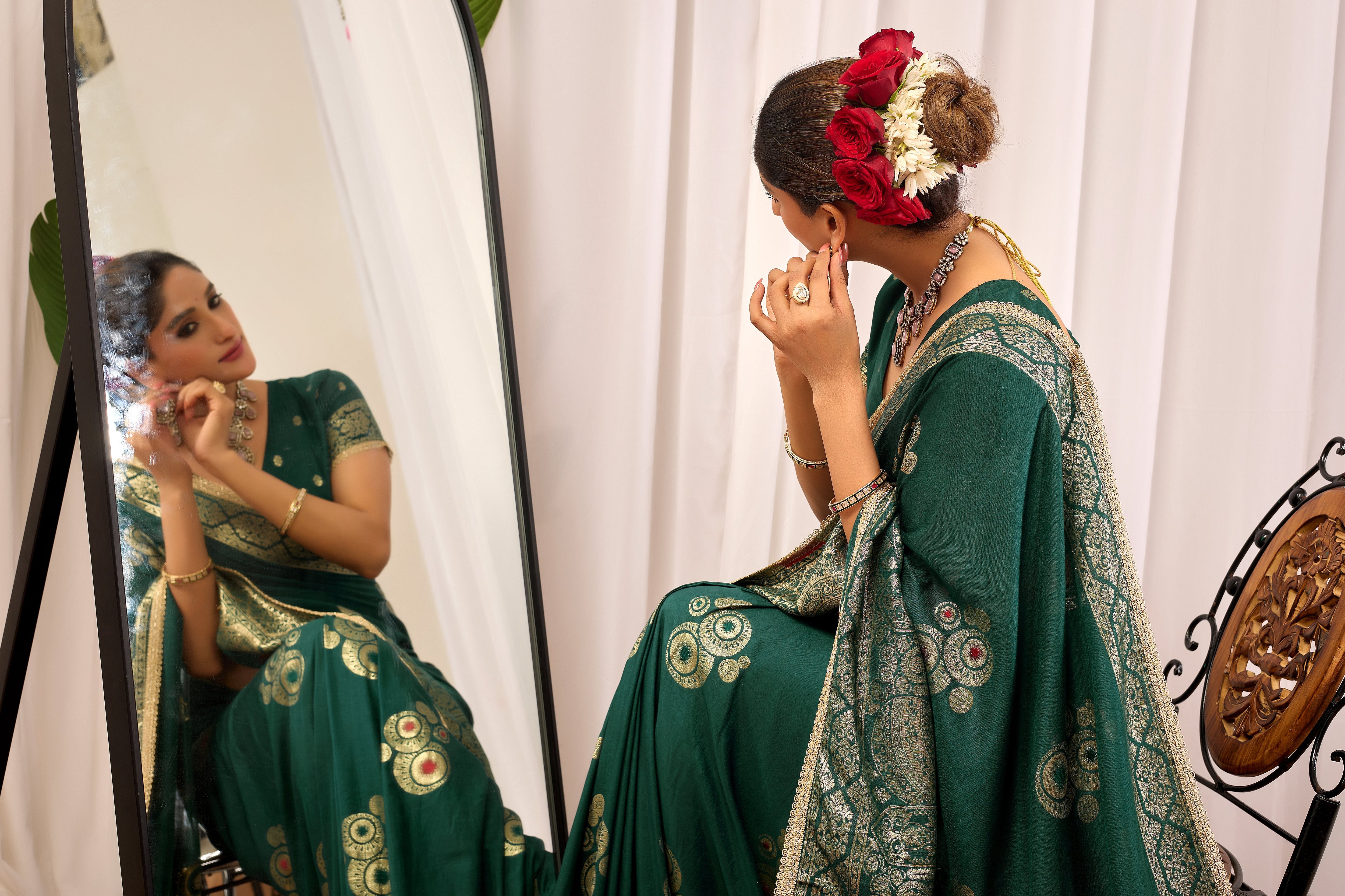 Emerald Royale  satin Silk by Icultuer with Antique Gold Zari Paisley Weaving