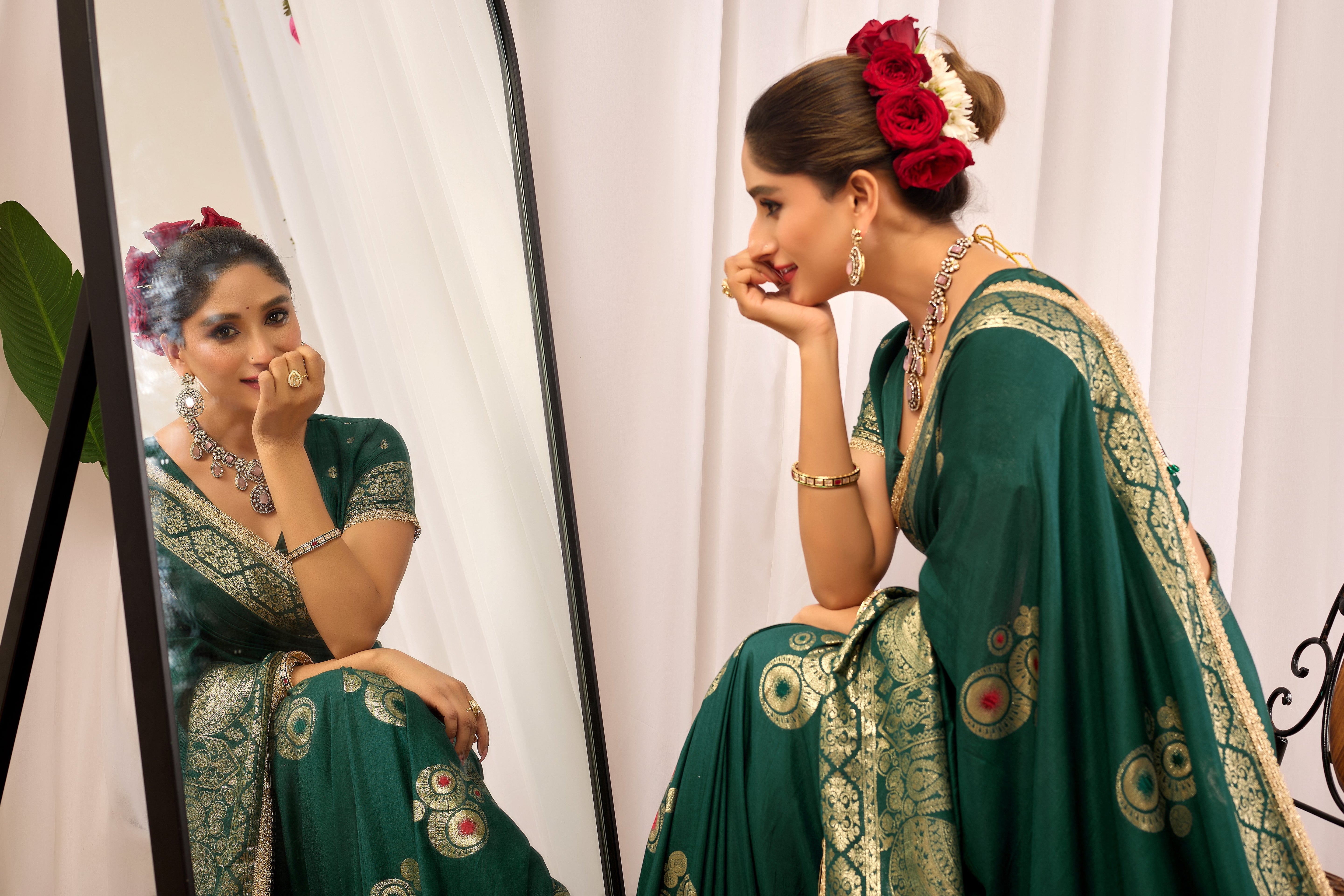 Emerald Royale  satin Silk by Icultuer with Antique Gold Zari Paisley Weaving