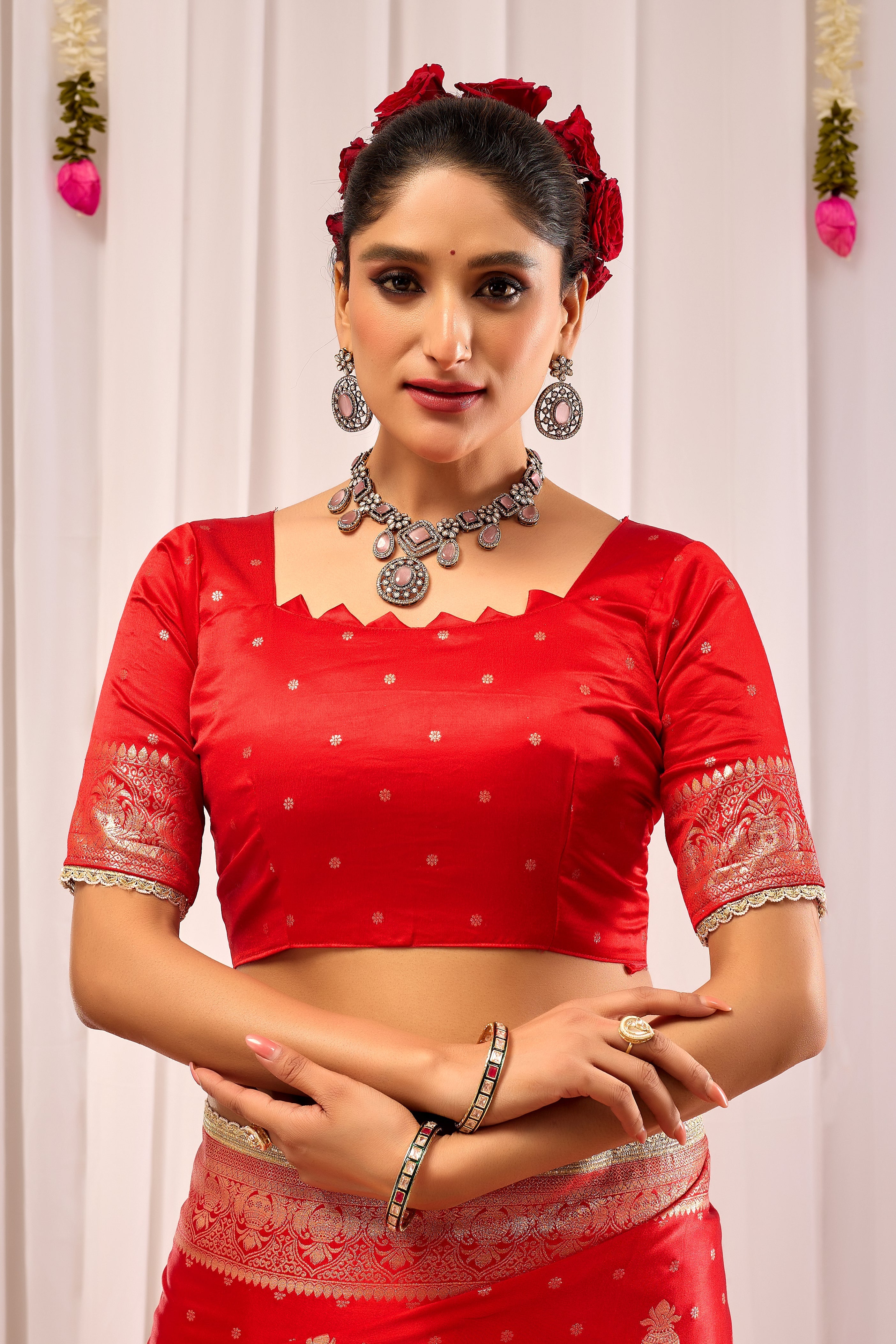 Sindoor Elegance – Crimson Red Satin Silk by Icultuer with Heritage Gold Zari Weaving