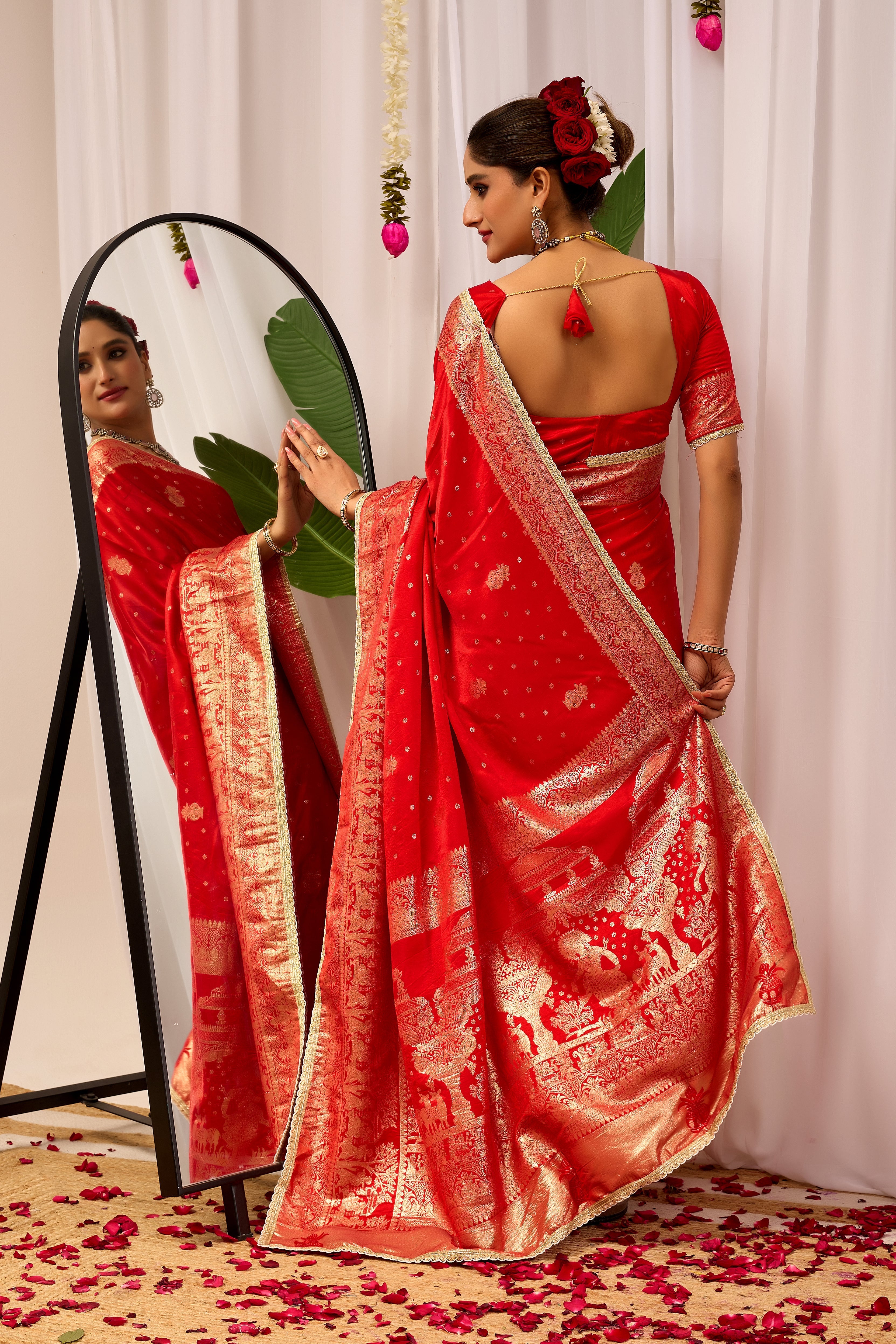 Sindoor Elegance – Crimson Red Satin Silk by Icultuer with Heritage Gold Zari Weaving