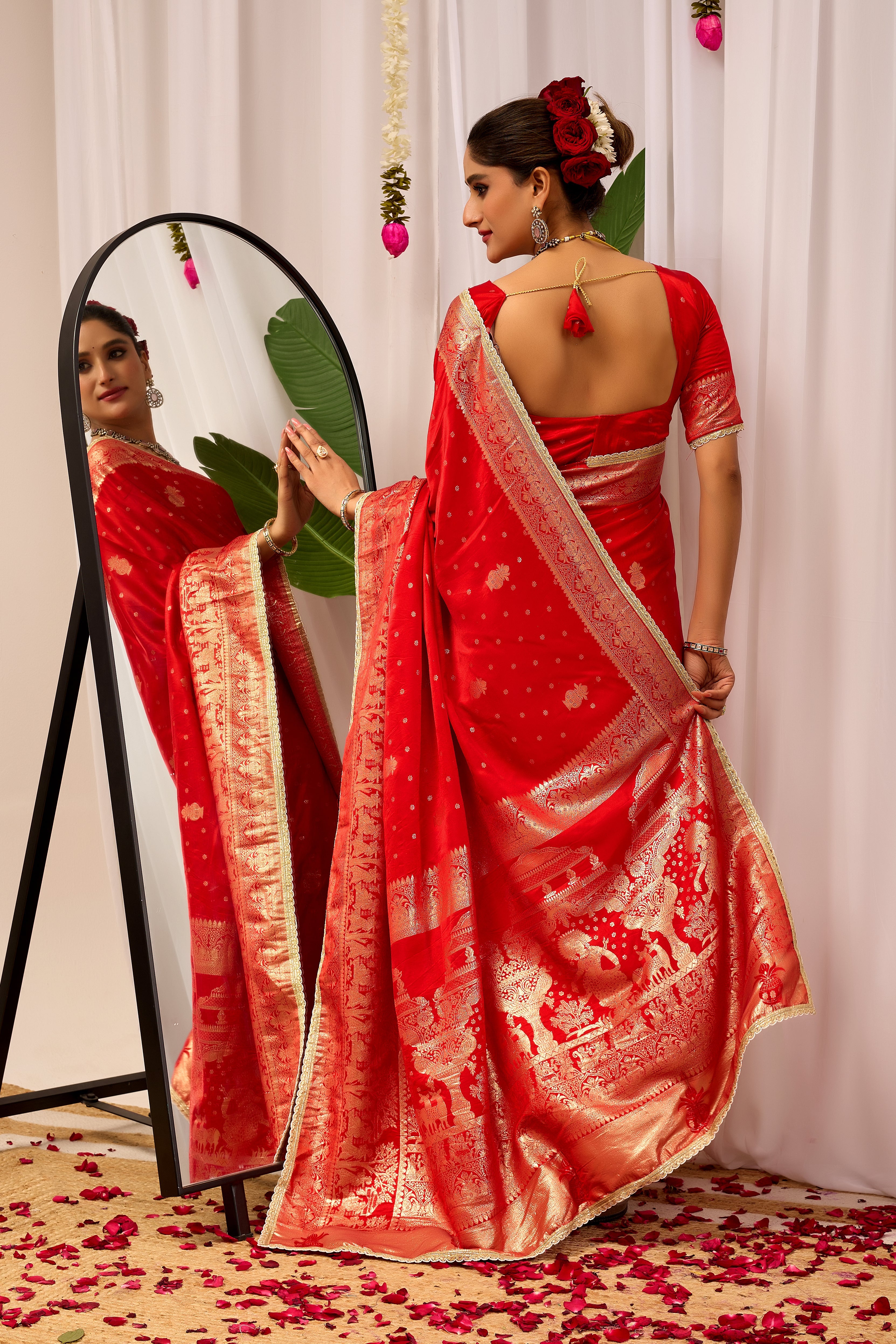 Sindoor Elegance Crimson Red Satin Silk Saree with Heritage Gold Zari Weaving