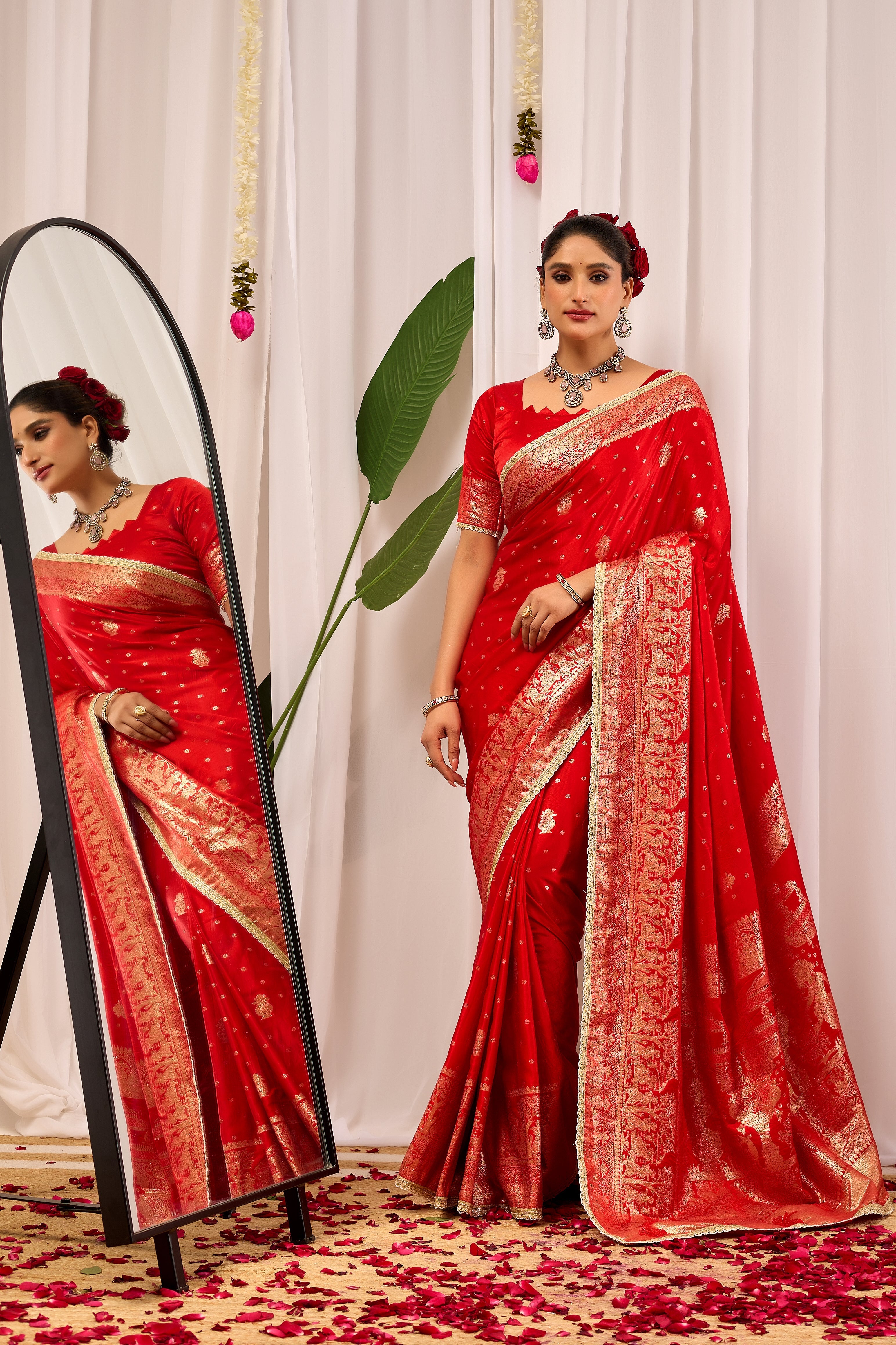 Sindoor Elegance – Crimson Red Satin Silk by Icultuer with Heritage Gold Zari Weaving