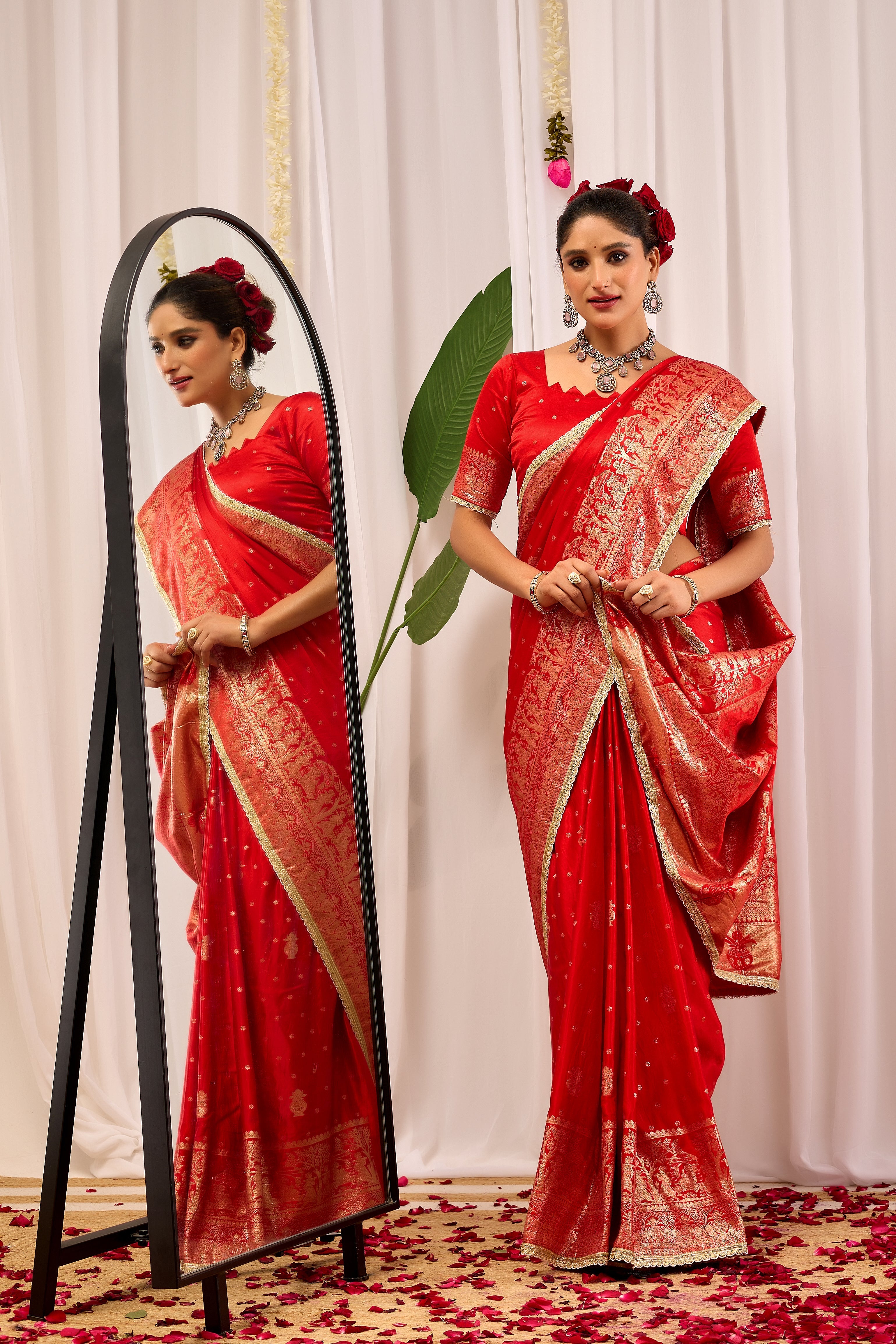 Sindoor Elegance – Crimson Red Satin Silk by Icultuer with Heritage Gold Zari Weaving