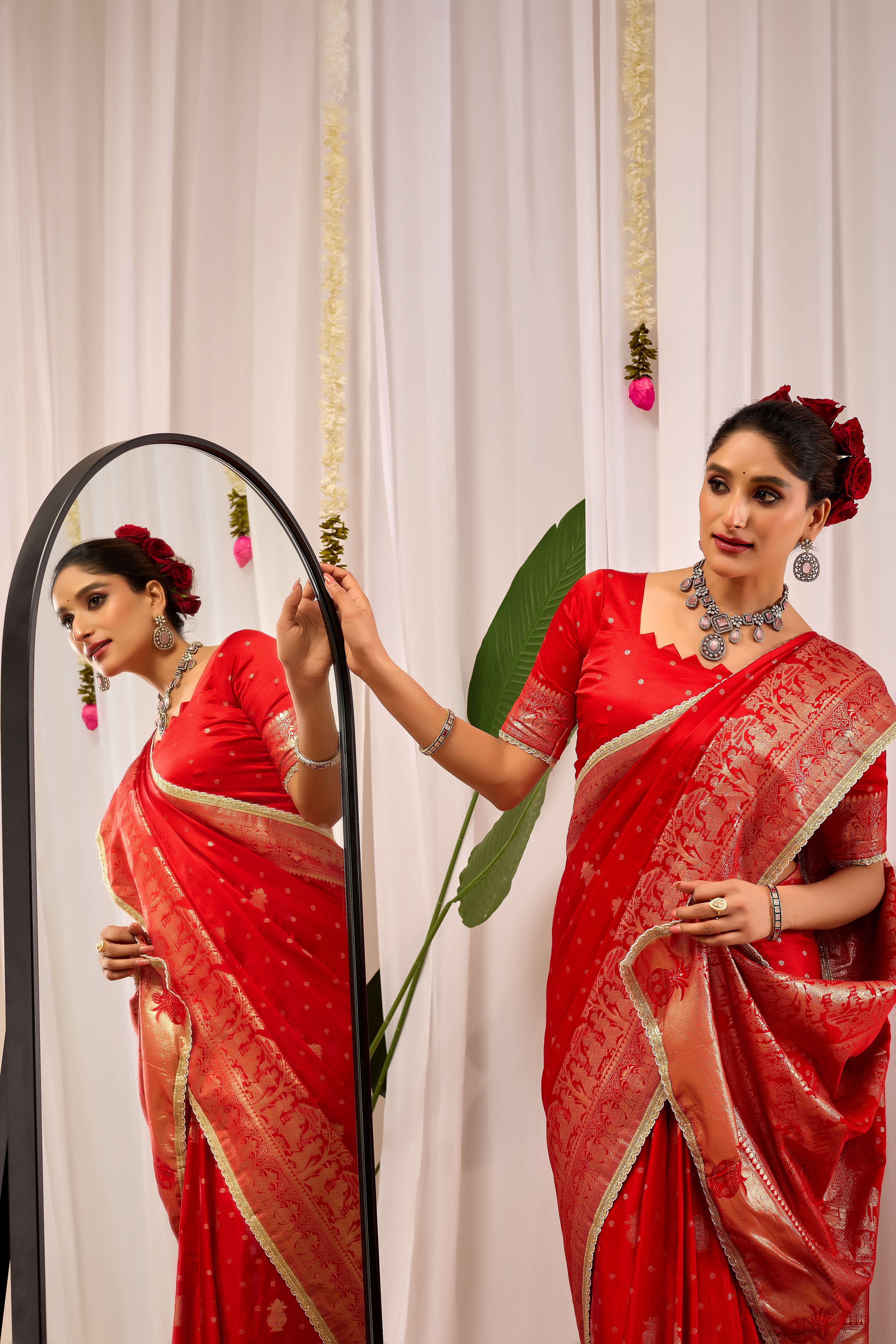 Sindoor Elegance – Crimson Red Satin Silk by Icultuer with Heritage Gold Zari Weaving