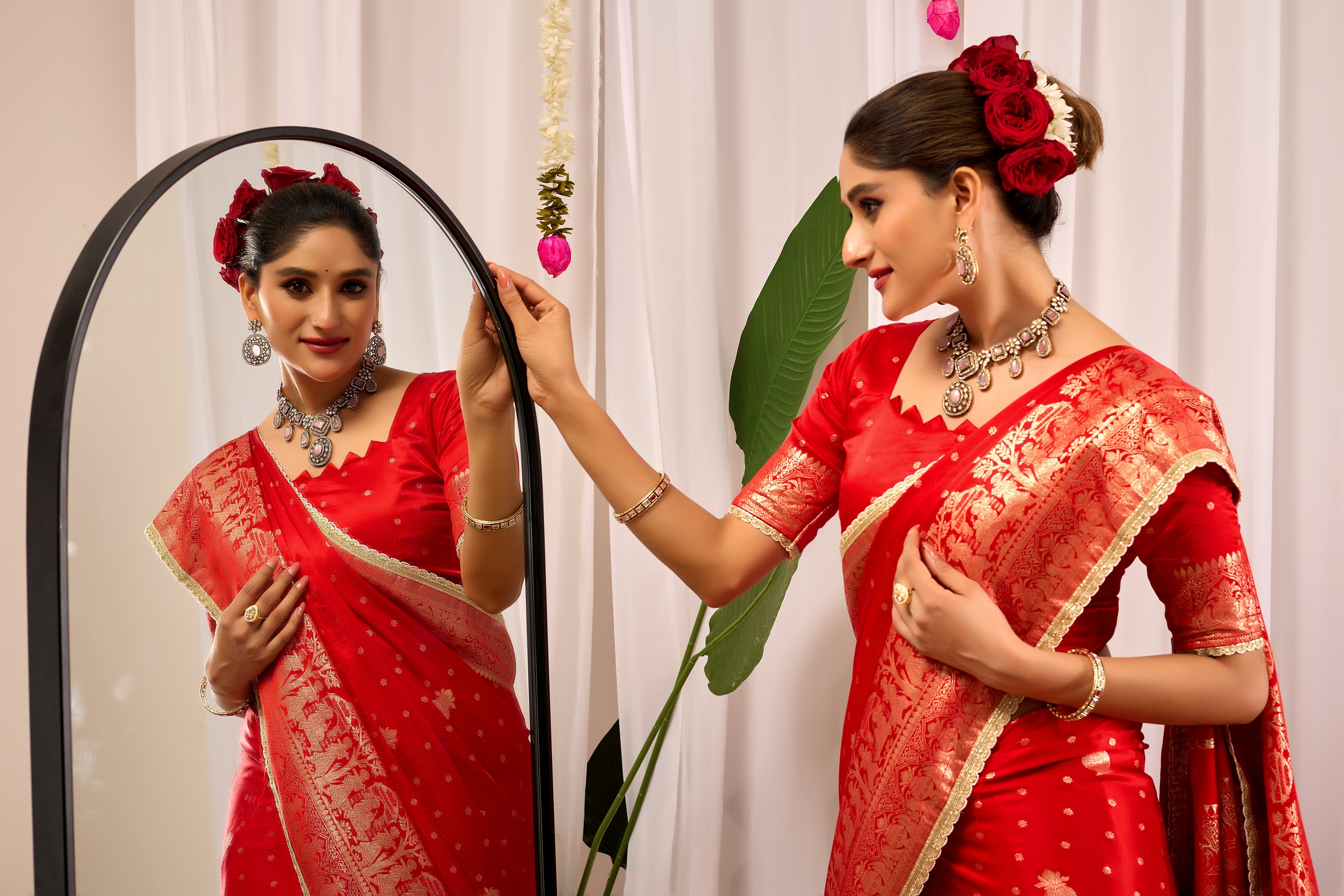 Sindoor Elegance – Crimson Red Satin Silk by Icultuer with Heritage Gold Zari Weaving