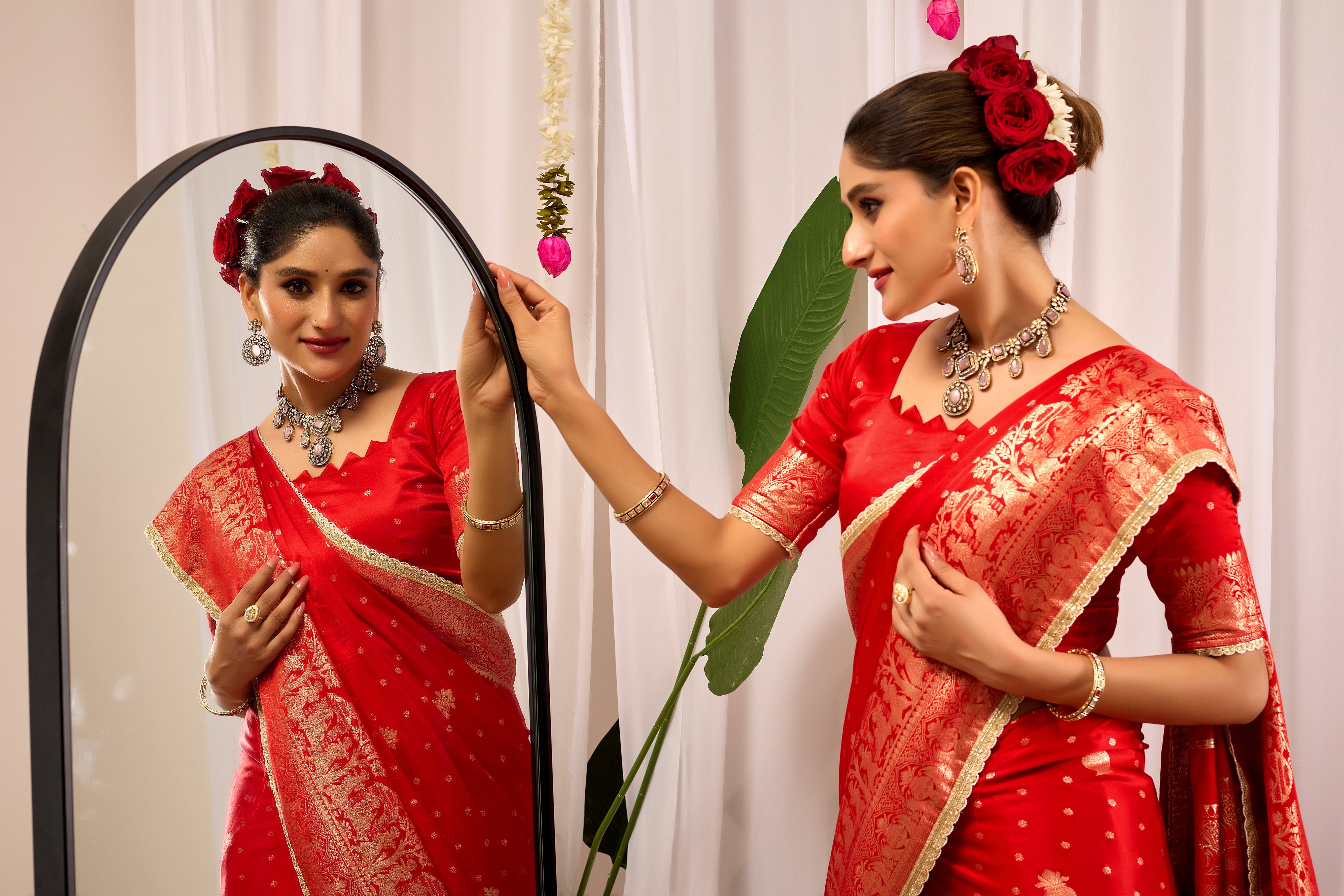 Sindoor Elegance Crimson Red Satin Silk Saree with Heritage Gold Zari Weaving
