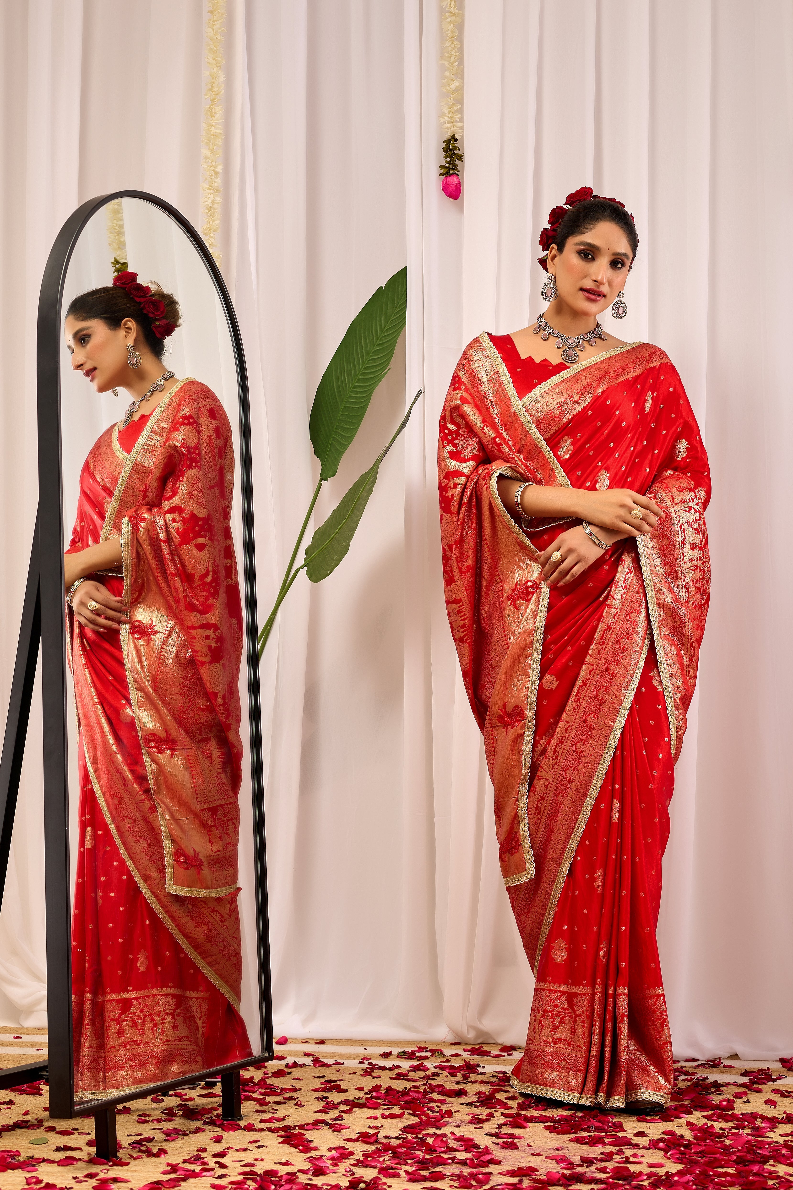Sindoor Elegance – Crimson Red Satin Silk by Icultuer with Heritage Gold Zari Weaving