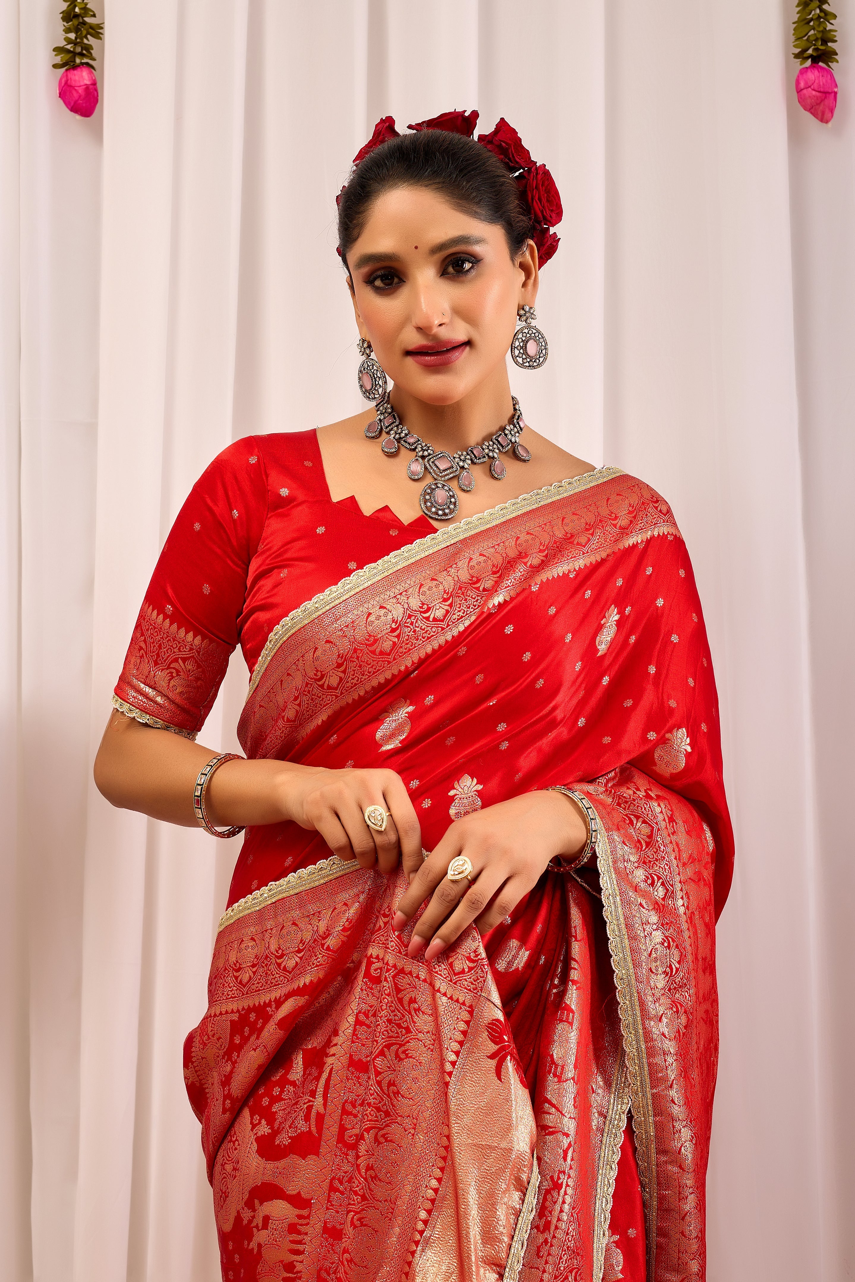 Sindoor Elegance – Crimson Red Satin Silk by Icultuer with Heritage Gold Zari Weaving
