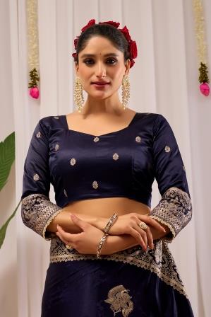 Midnight Royal  Deep Navy Blue Satin  Silk Saree with Antique Gold Zari Weaving