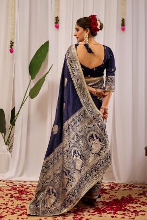 Midnight Royal  Deep Navy Blue Satin  Silk Saree with Antique Gold Zari Weaving
