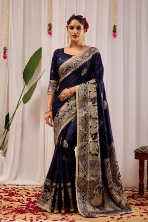 Midnight Royal  Deep Navy Blue Satin  Silk by Icultuer with Antique Gold Zari Weaving