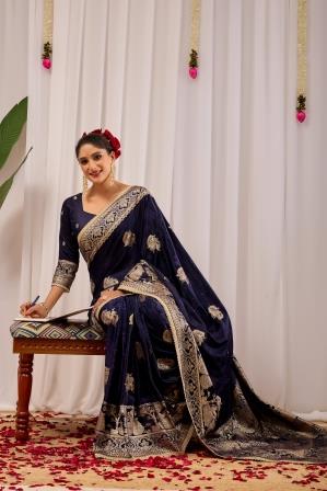 Midnight Royal  Deep Navy Blue Satin  Silk by Icultuer with Antique Gold Zari Weaving