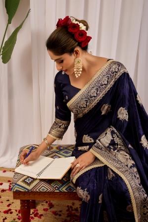 Midnight Royal  Deep Navy Blue Satin  Silk by Icultuer with Antique Gold Zari Weaving