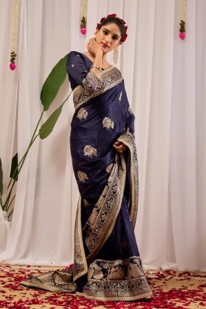 Midnight Royal  Deep Navy Blue Satin  Silk by Icultuer with Antique Gold Zari Weaving