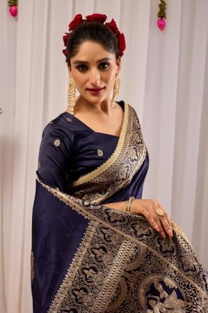 Midnight Royal  Deep Navy Blue Satin  Silk by Icultuer with Antique Gold Zari Weaving