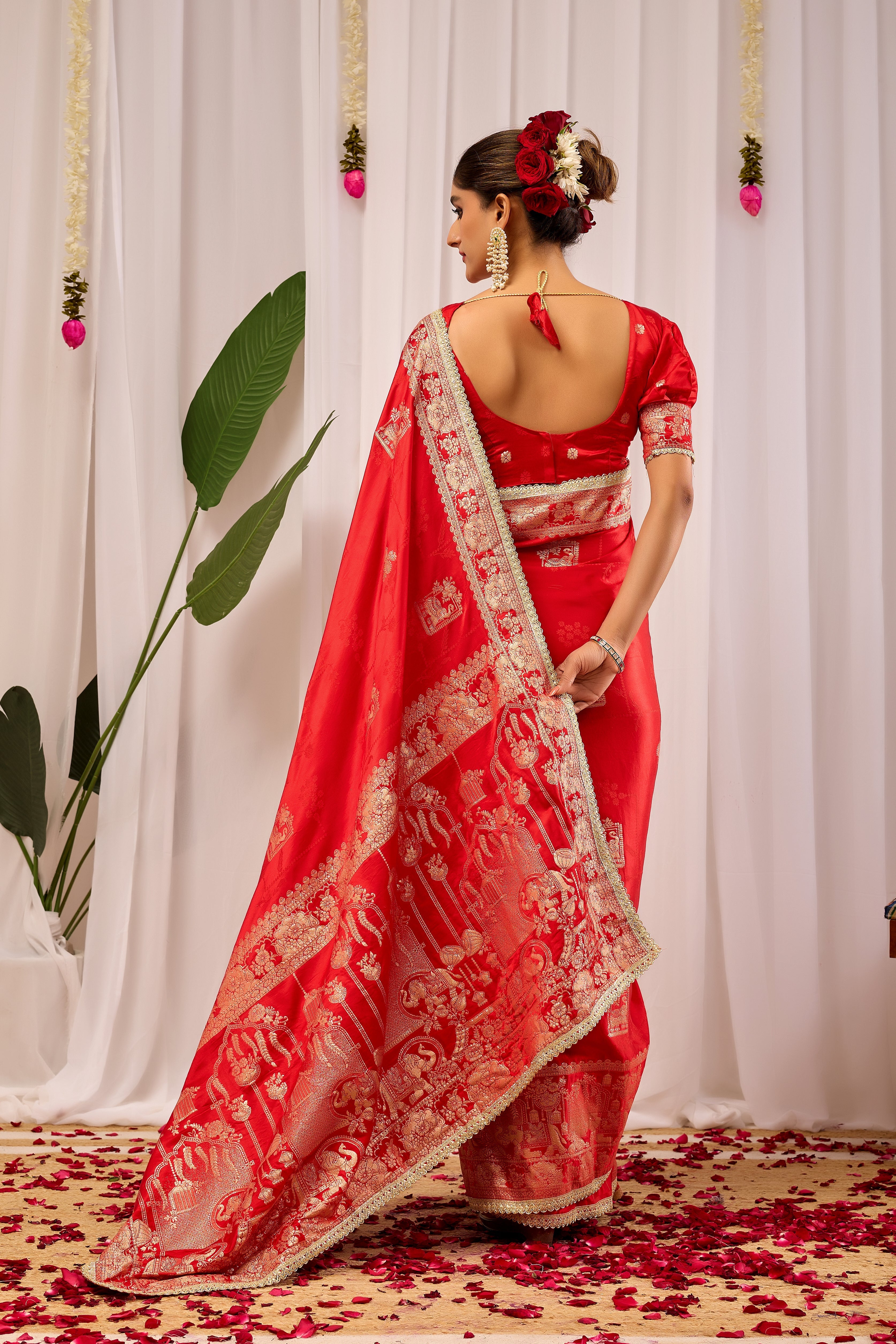 Suhaagan Splendour Crimson Red Satin Silk by Icultuer with Grand Heritage Gold Zari Pallu