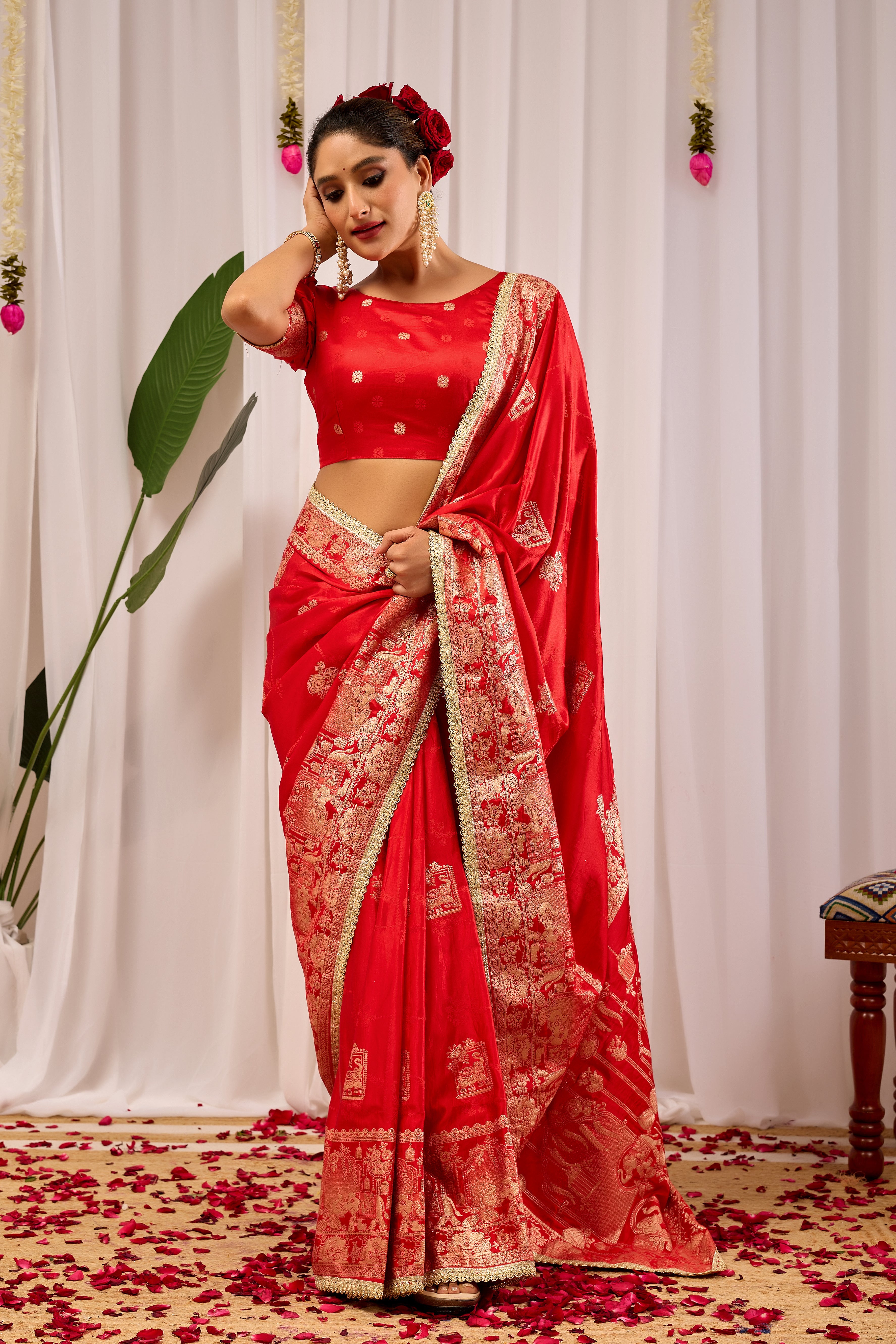 Suhaagan Splendour Crimson Red Satin Silk Saree with Grand Heritage Gold Zari Pallu