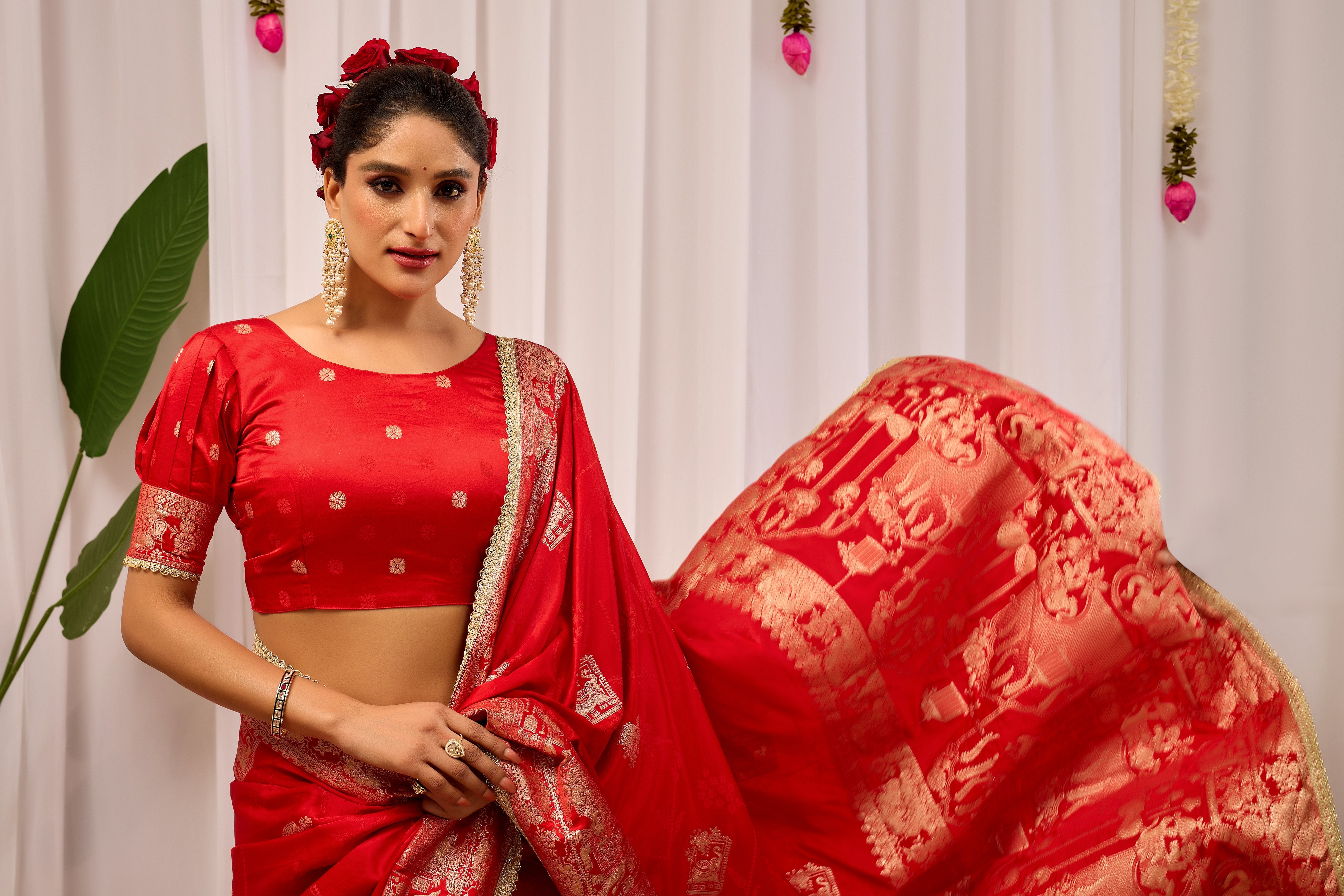 Suhaagan Splendour Crimson Red Satin Silk by Icultuer with Grand Heritage Gold Zari Pallu