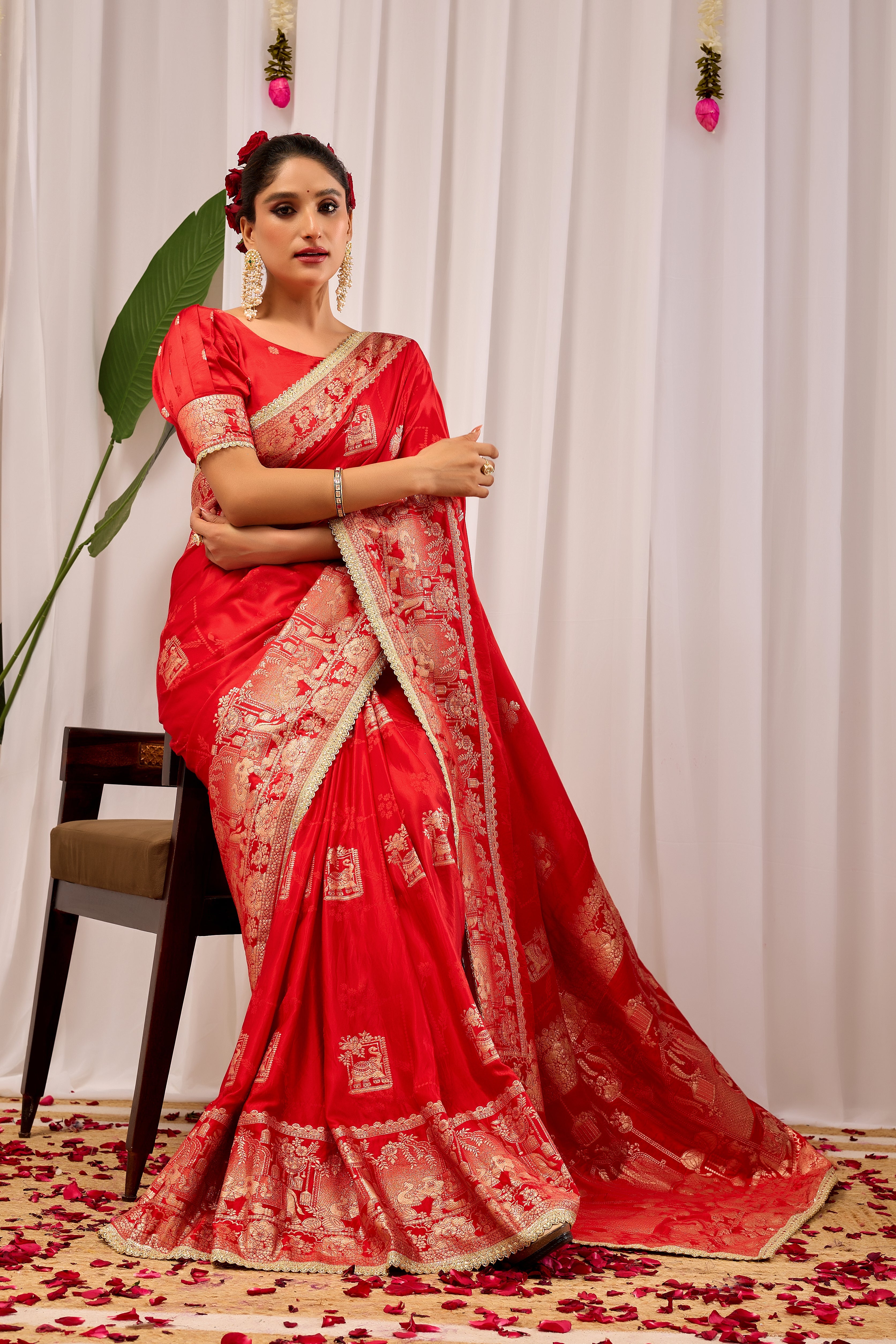 Suhaagan Splendour Crimson Red Satin Silk Saree with Grand Heritage Gold Zari Pallu