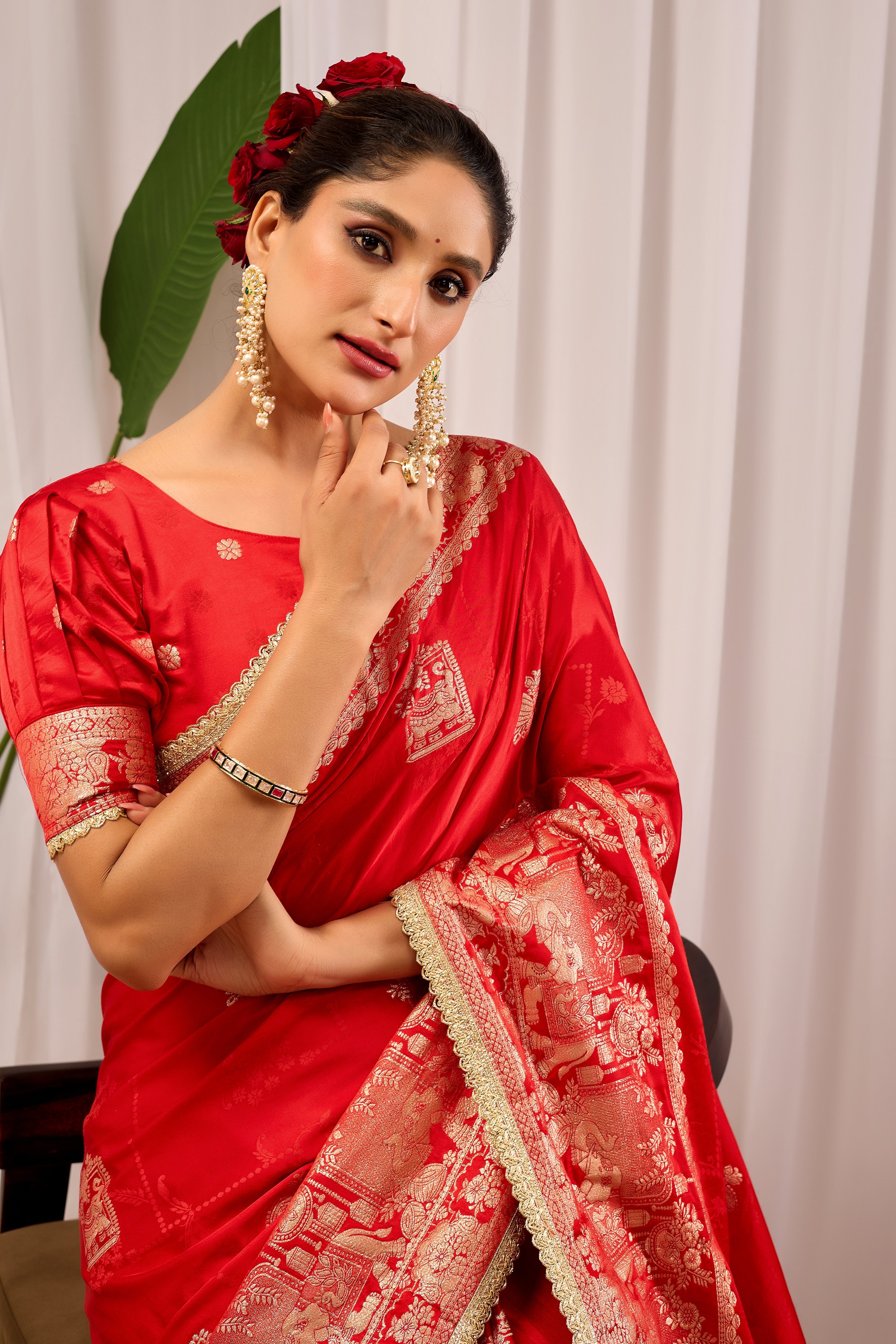 Suhaagan Splendour Crimson Red Satin Silk by Icultuer with Grand Heritage Gold Zari Pallu