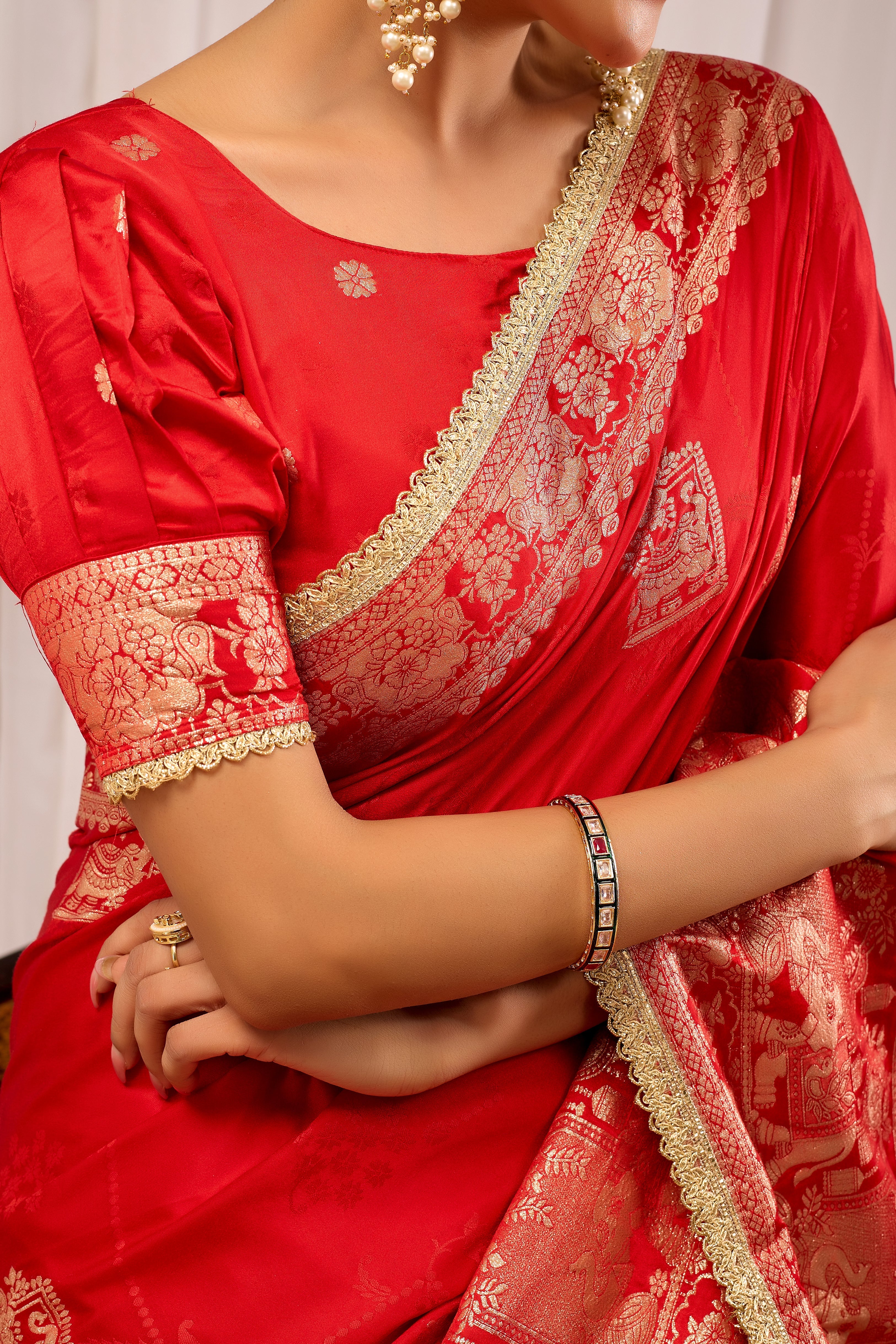 Suhaagan Splendour Crimson Red Satin Silk by Icultuer with Grand Heritage Gold Zari Pallu