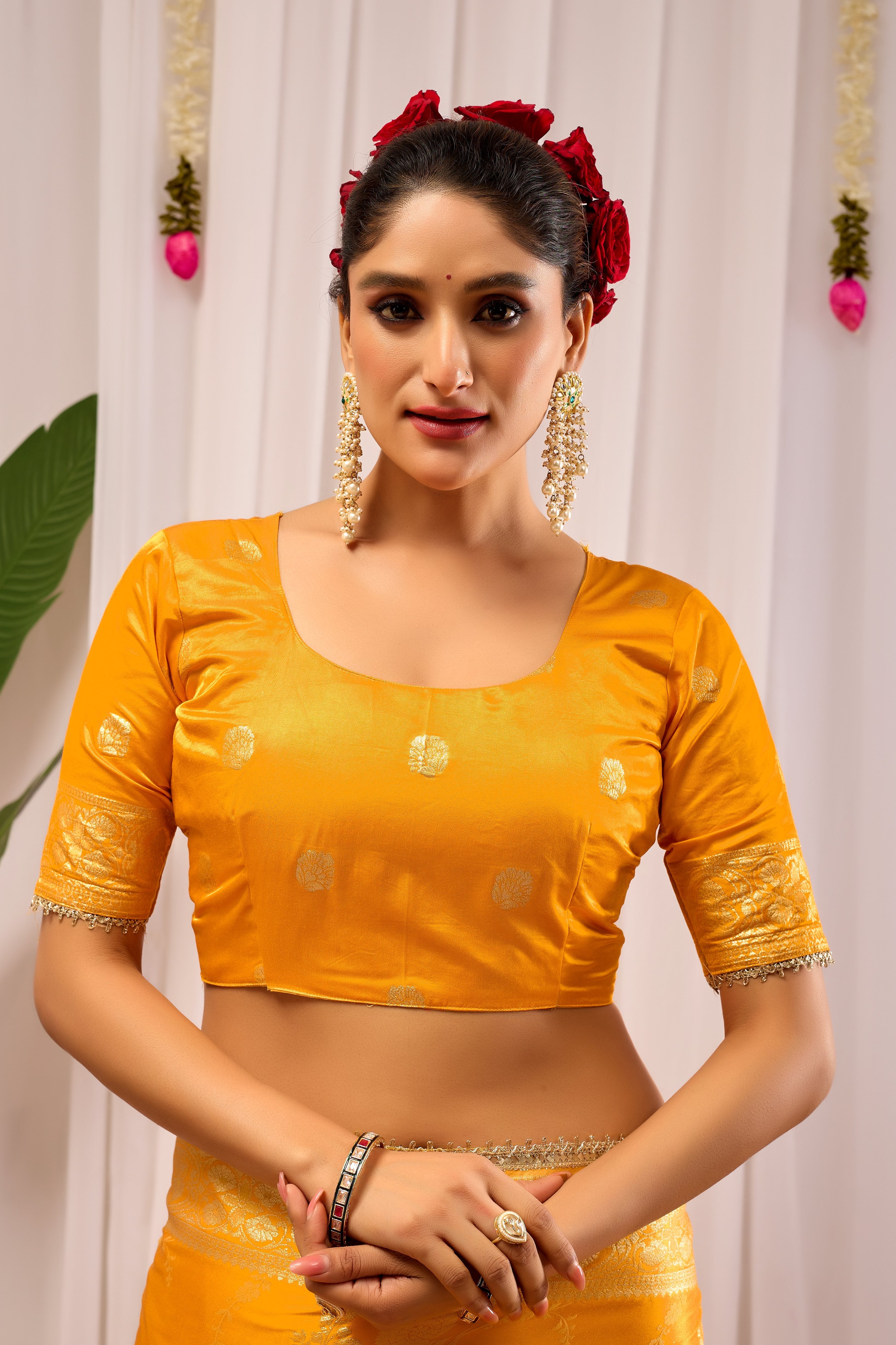 Radiant Mustard Yellow Pure Silk Satin by Icultuer with Antique Gold Zari Weaving & Ornate Pallu Traditional Indian Festive & Wedding Wear