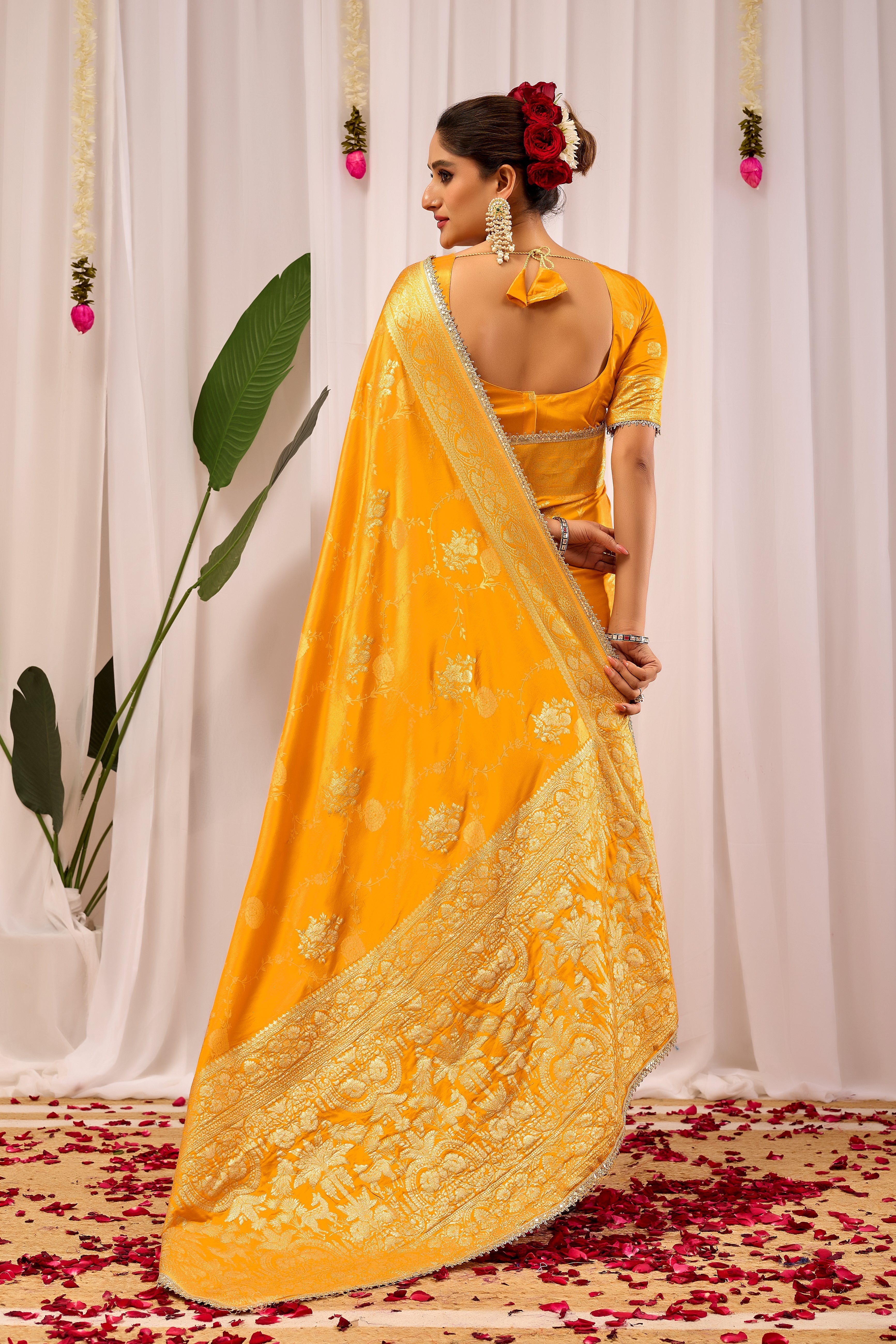 Radiant Mustard Yellow Pure Silk Satin by Icultuer with Antique Gold Zari Weaving & Ornate Pallu Traditional Indian Festive & Wedding Wear