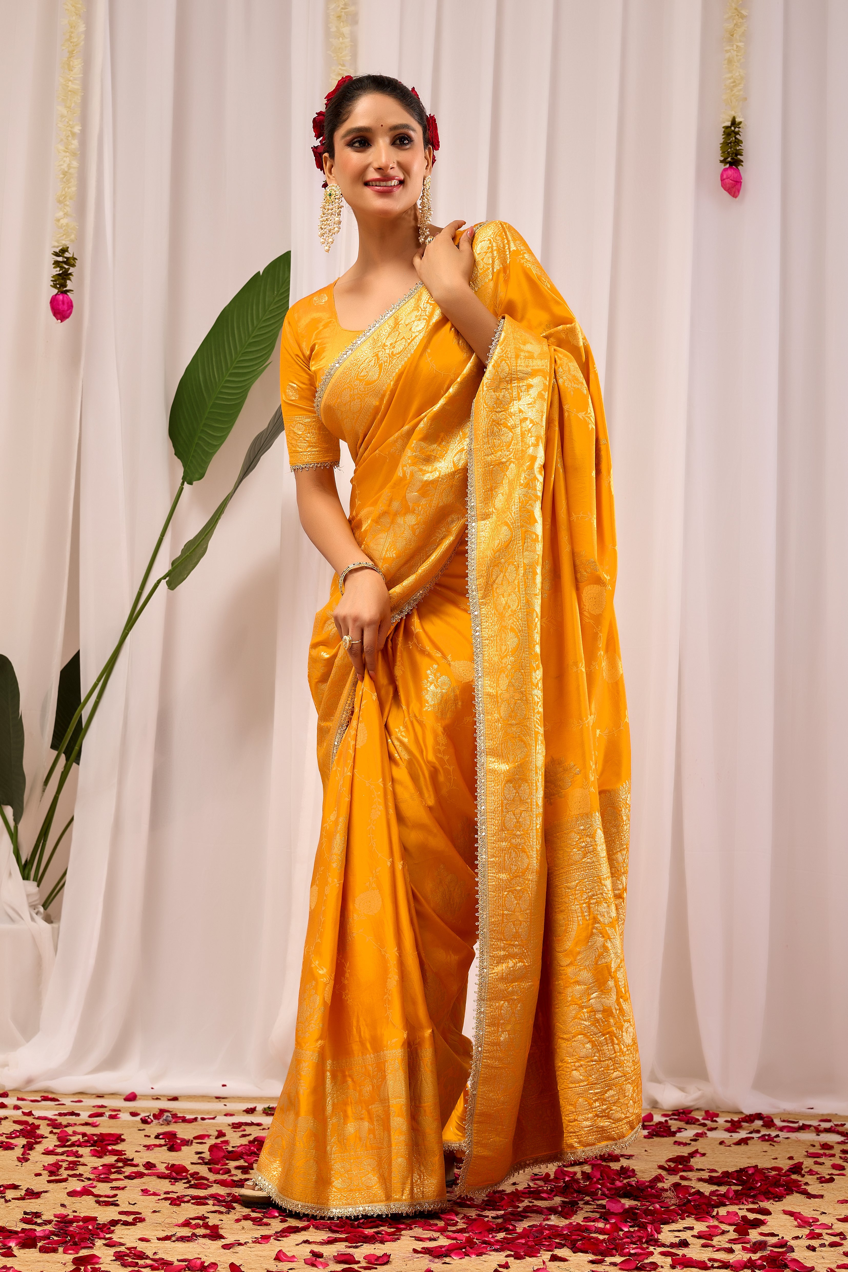 Radiant Mustard Yellow Pure Silk Satin Saree with Antique Gold Zari Weaving & Ornate Pallu Traditional Indian Festive & Wedding Wear
