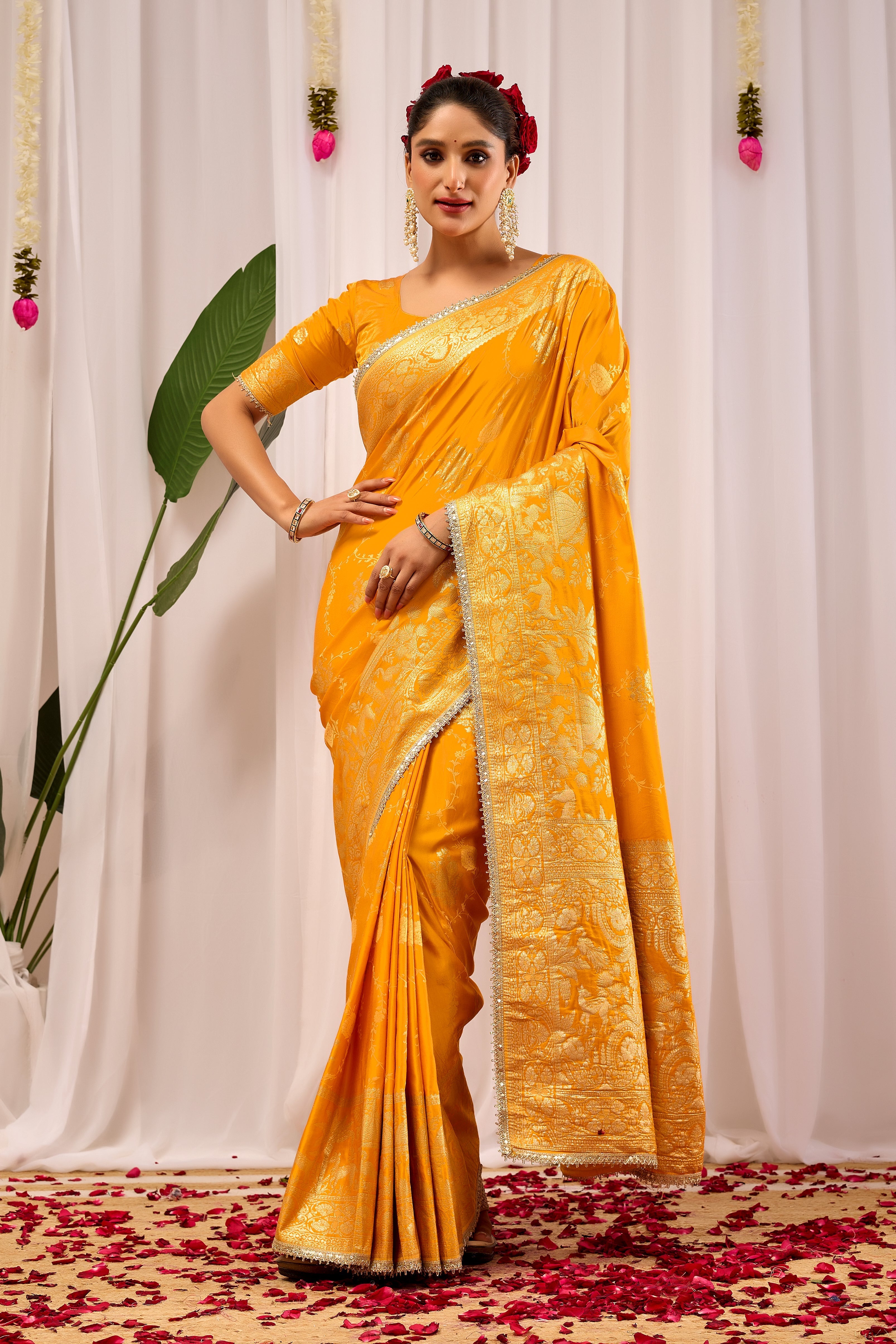 Radiant Mustard Yellow Pure Silk Satin by Icultuer with Antique Gold Zari Weaving & Ornate Pallu Traditional Indian Festive & Wedding Wear