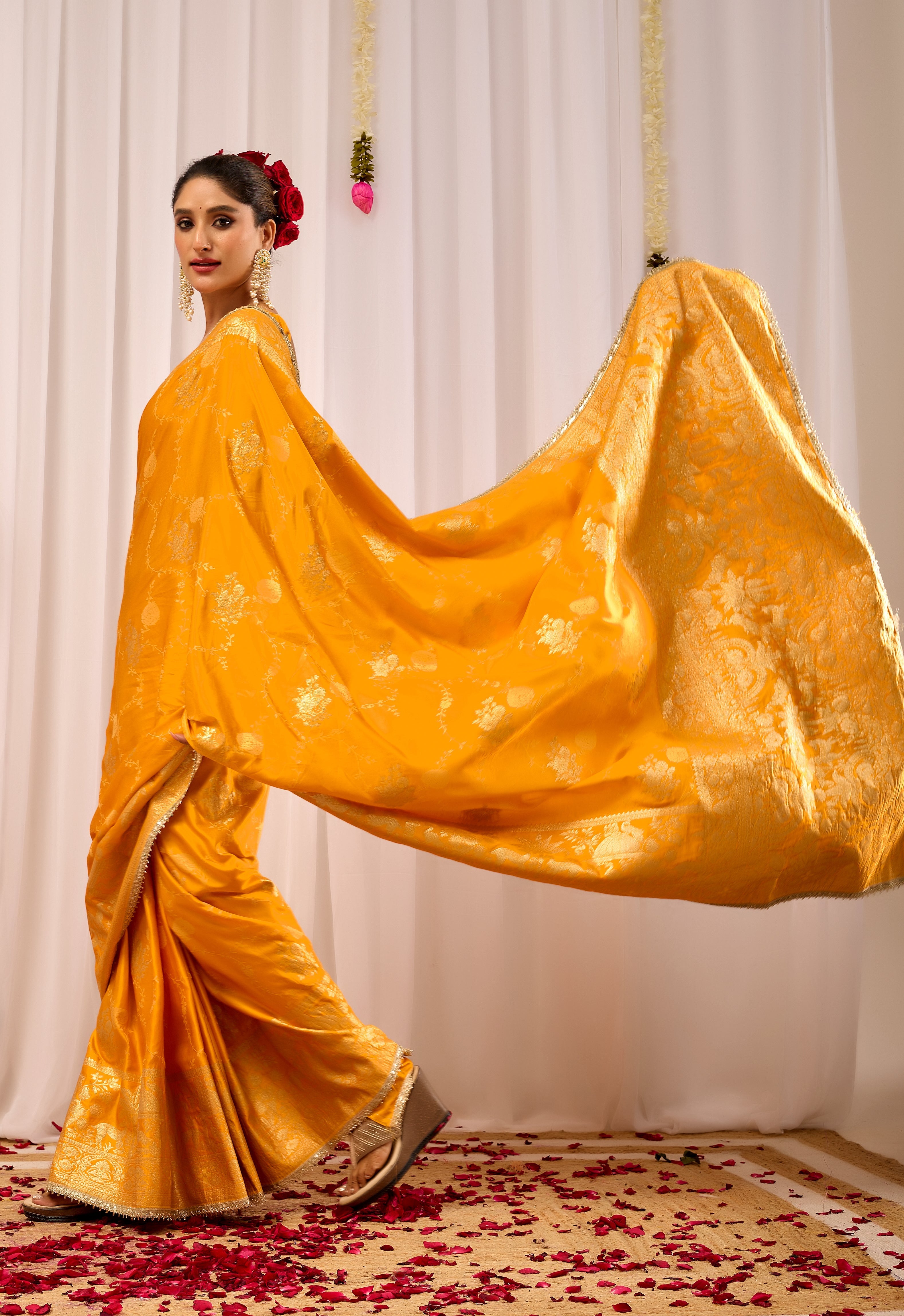 Radiant Mustard Yellow Pure Silk Satin by Icultuer with Antique Gold Zari Weaving & Ornate Pallu Traditional Indian Festive & Wedding Wear