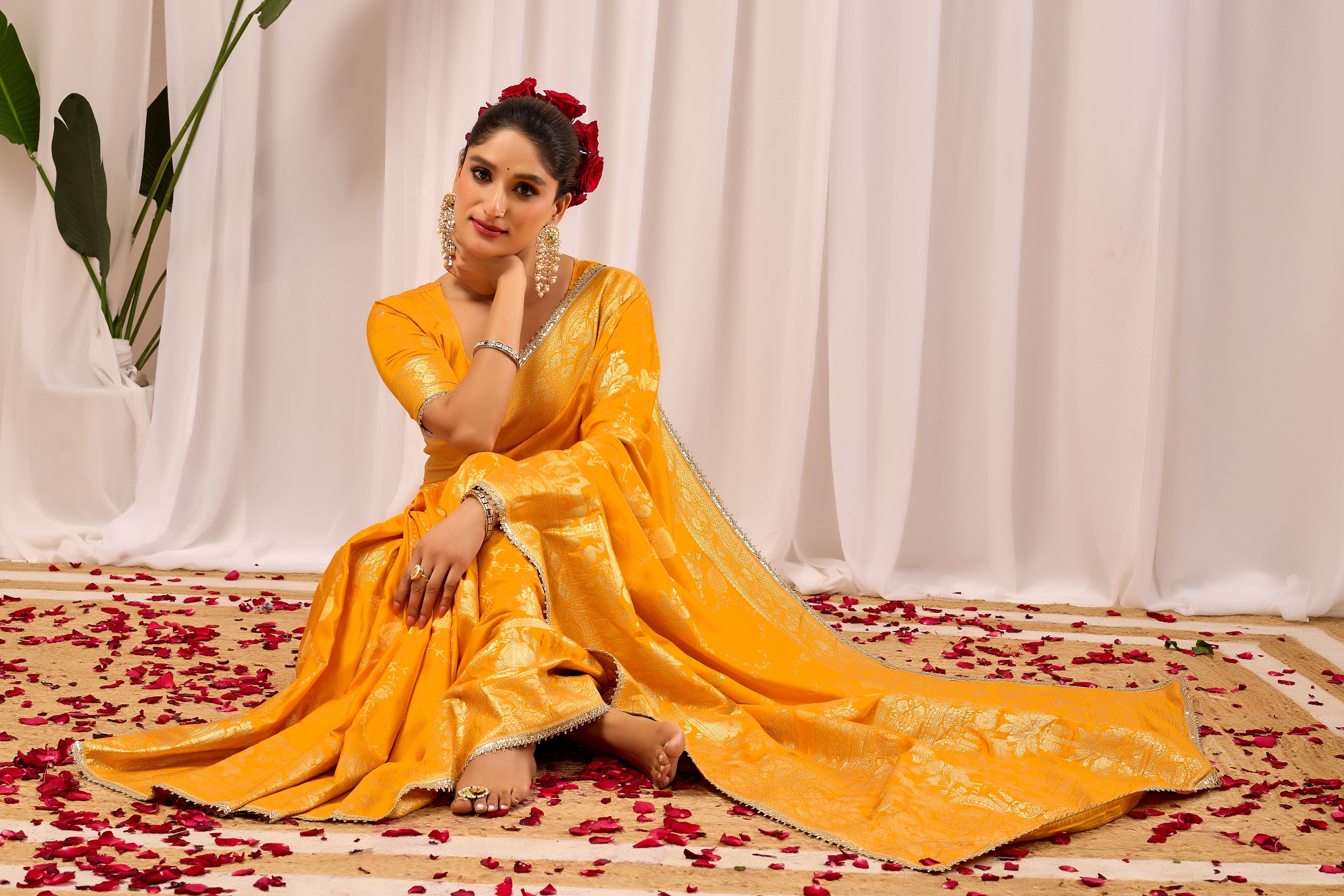 Radiant Mustard Yellow Pure Silk Satin by Icultuer with Antique Gold Zari Weaving & Ornate Pallu Traditional Indian Festive & Wedding Wear