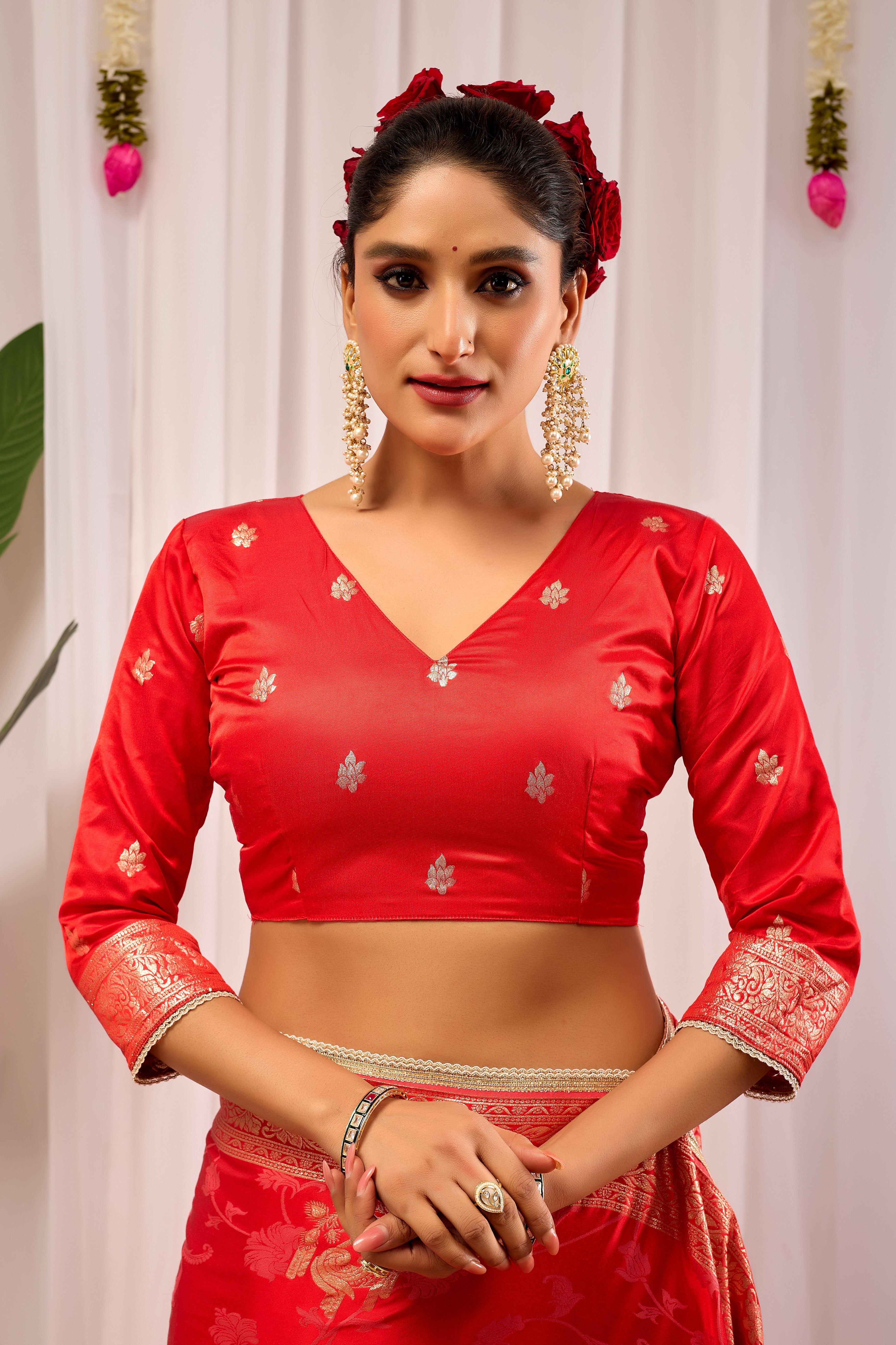 Crimson Elegance Satin Silk by Icultuer with Golden Zari Detailing
