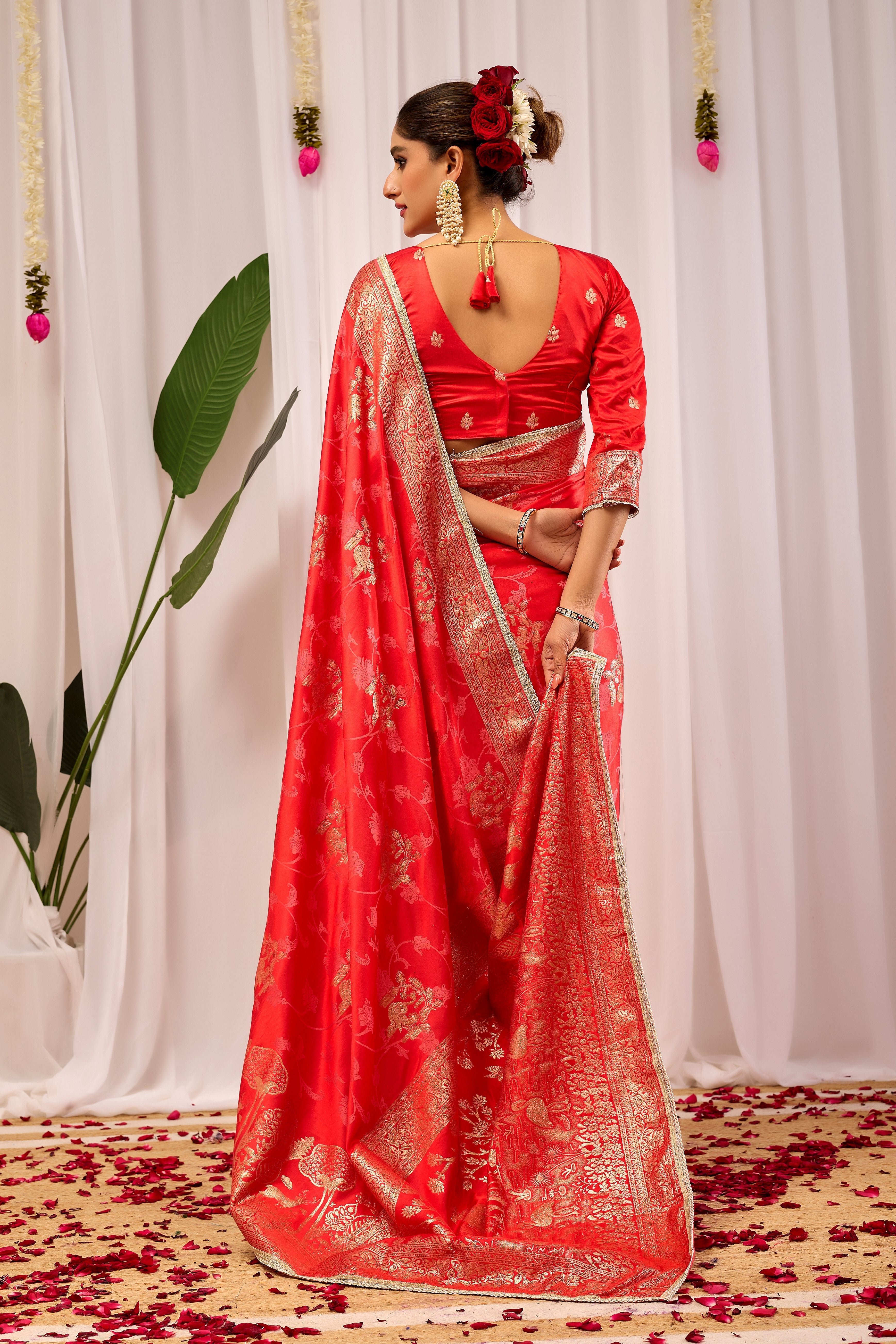 Crimson Elegance Satin Silk by Icultuer with Golden Zari Detailing
