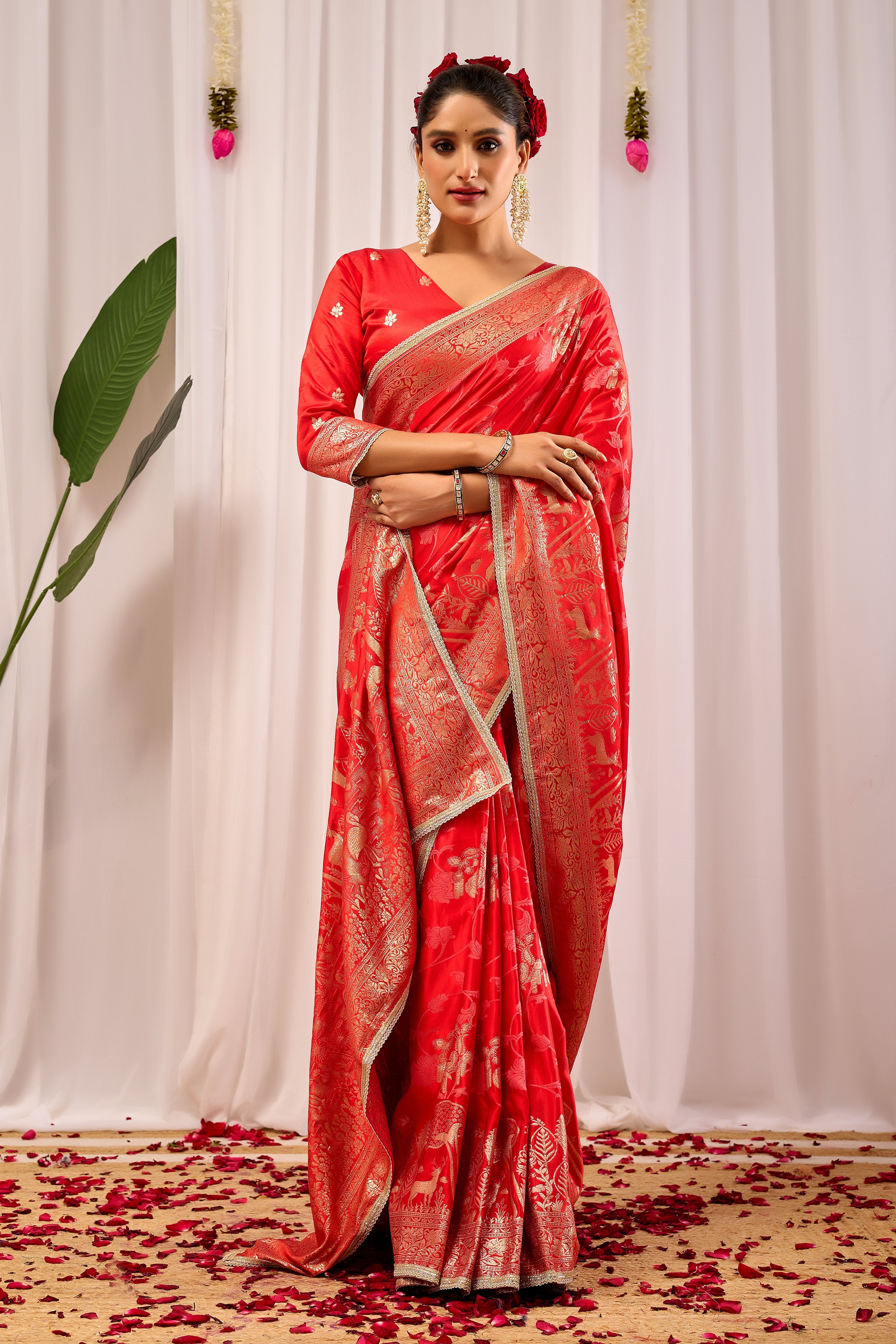 Crimson Elegance Satin Silk by Icultuer with Golden Zari Detailing