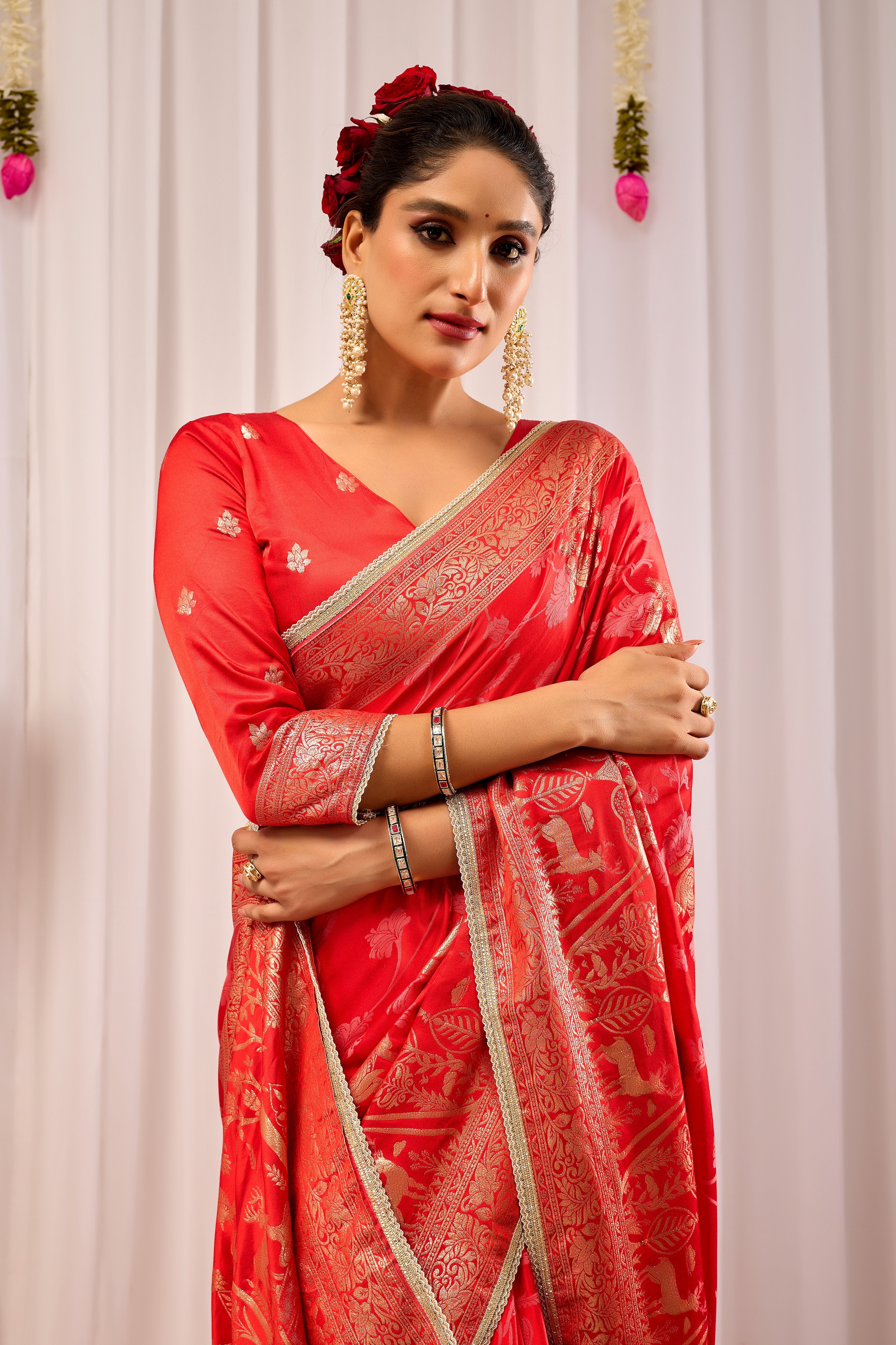 Crimson Elegance Satin Silk by Icultuer with Golden Zari Detailing