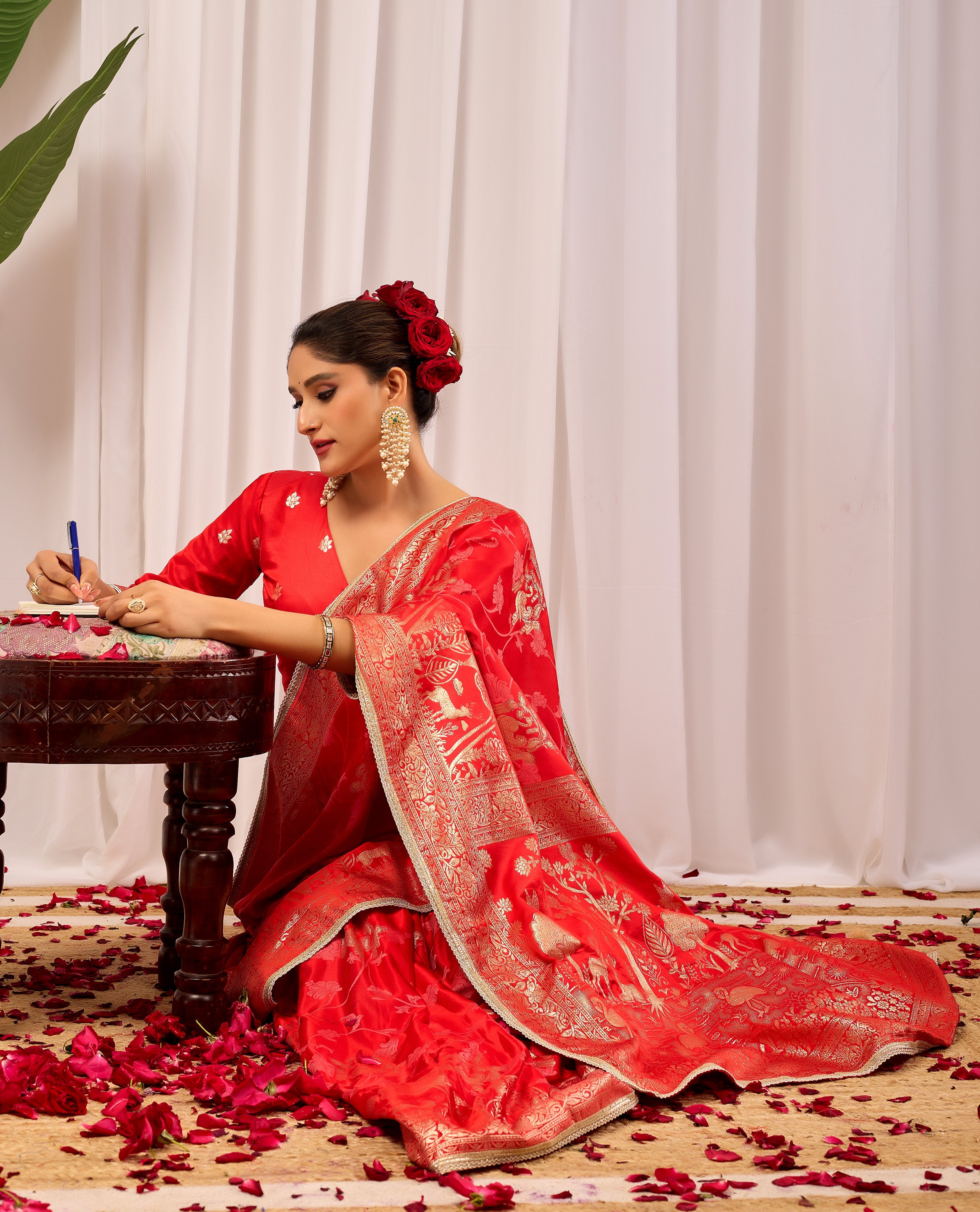 Crimson Elegance Satin Silk by Icultuer with Golden Zari Detailing