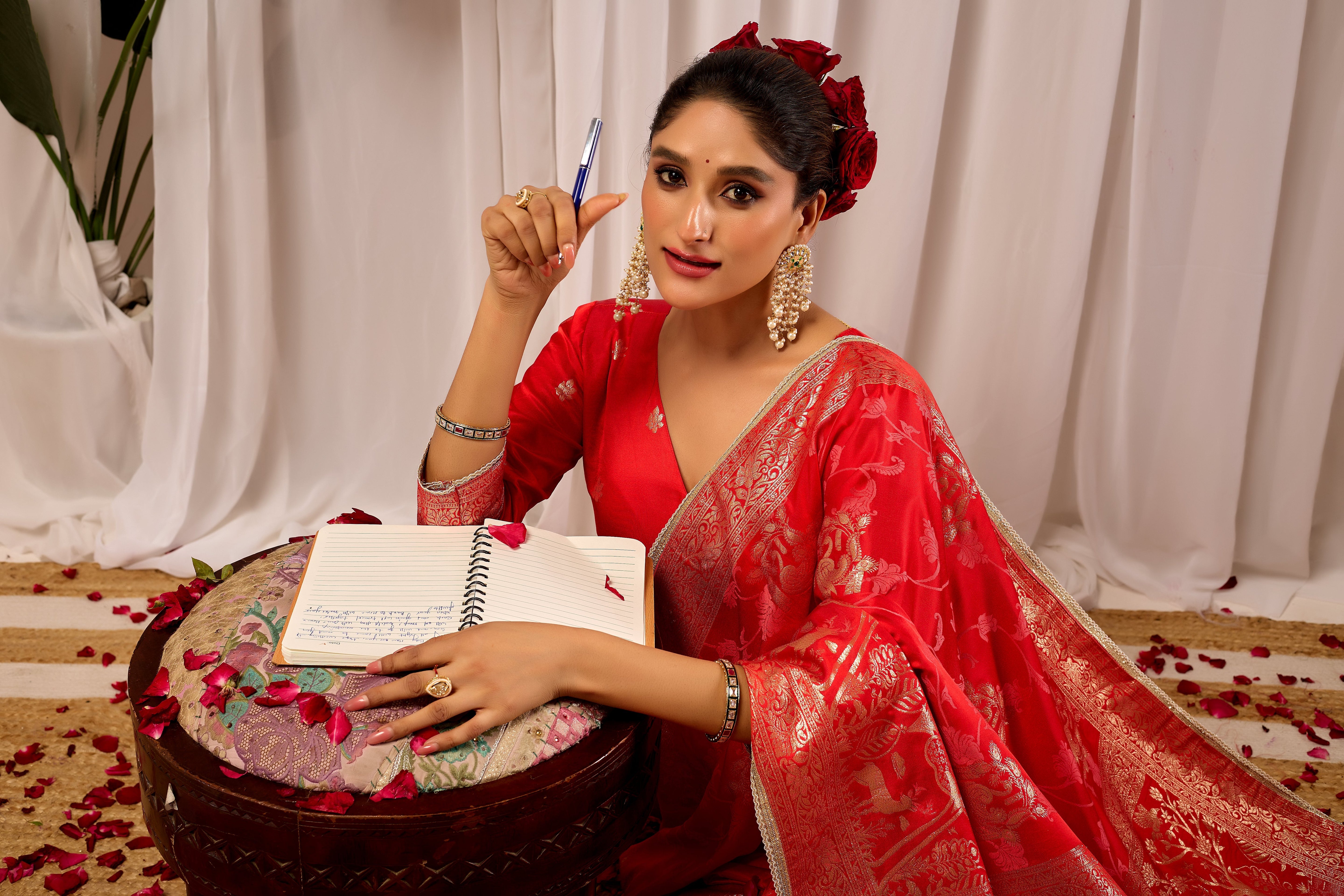 Crimson Elegance Satin Silk by Icultuer with Golden Zari Detailing