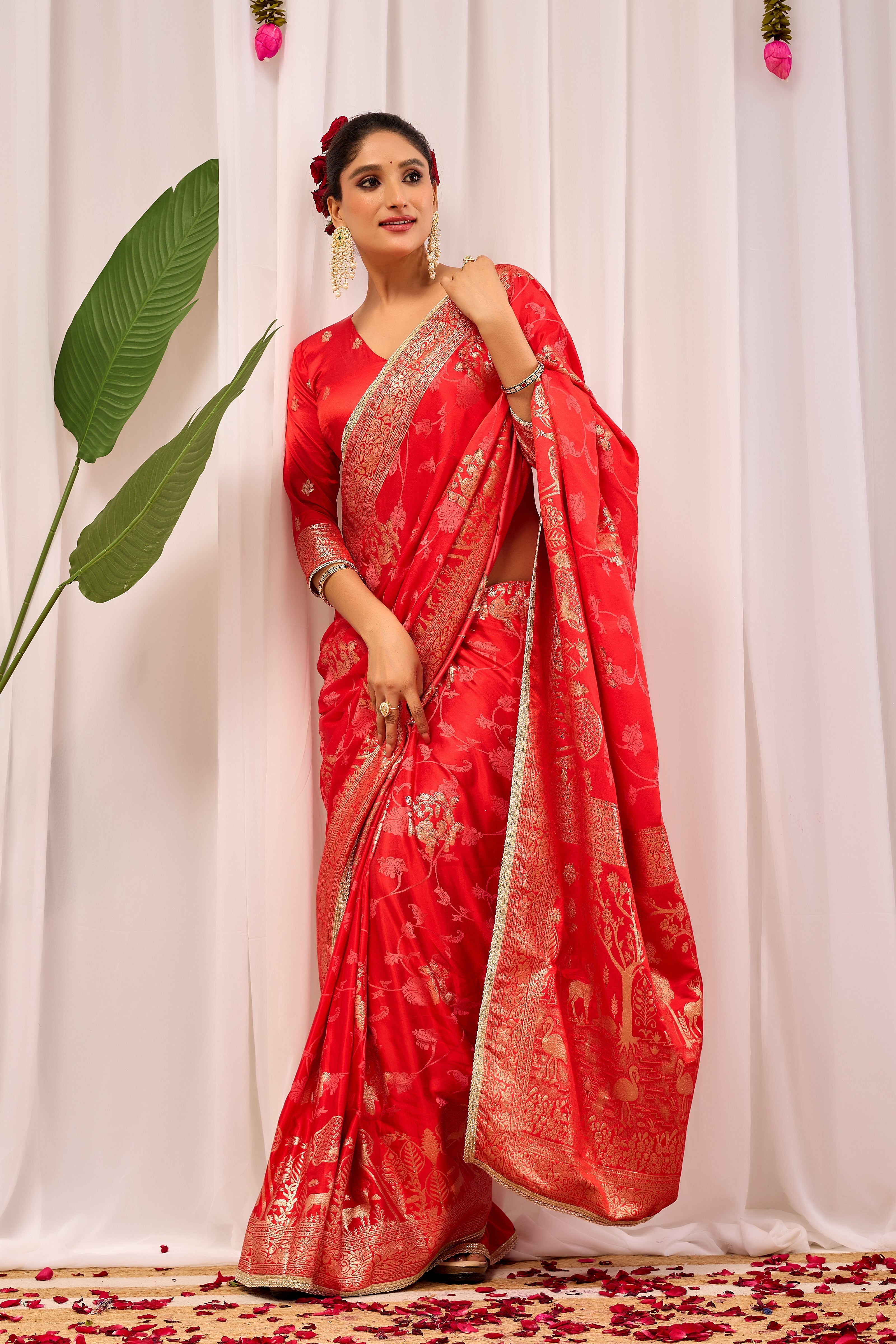 Crimson Elegance Satin Silk by Icultuer with Golden Zari Detailing