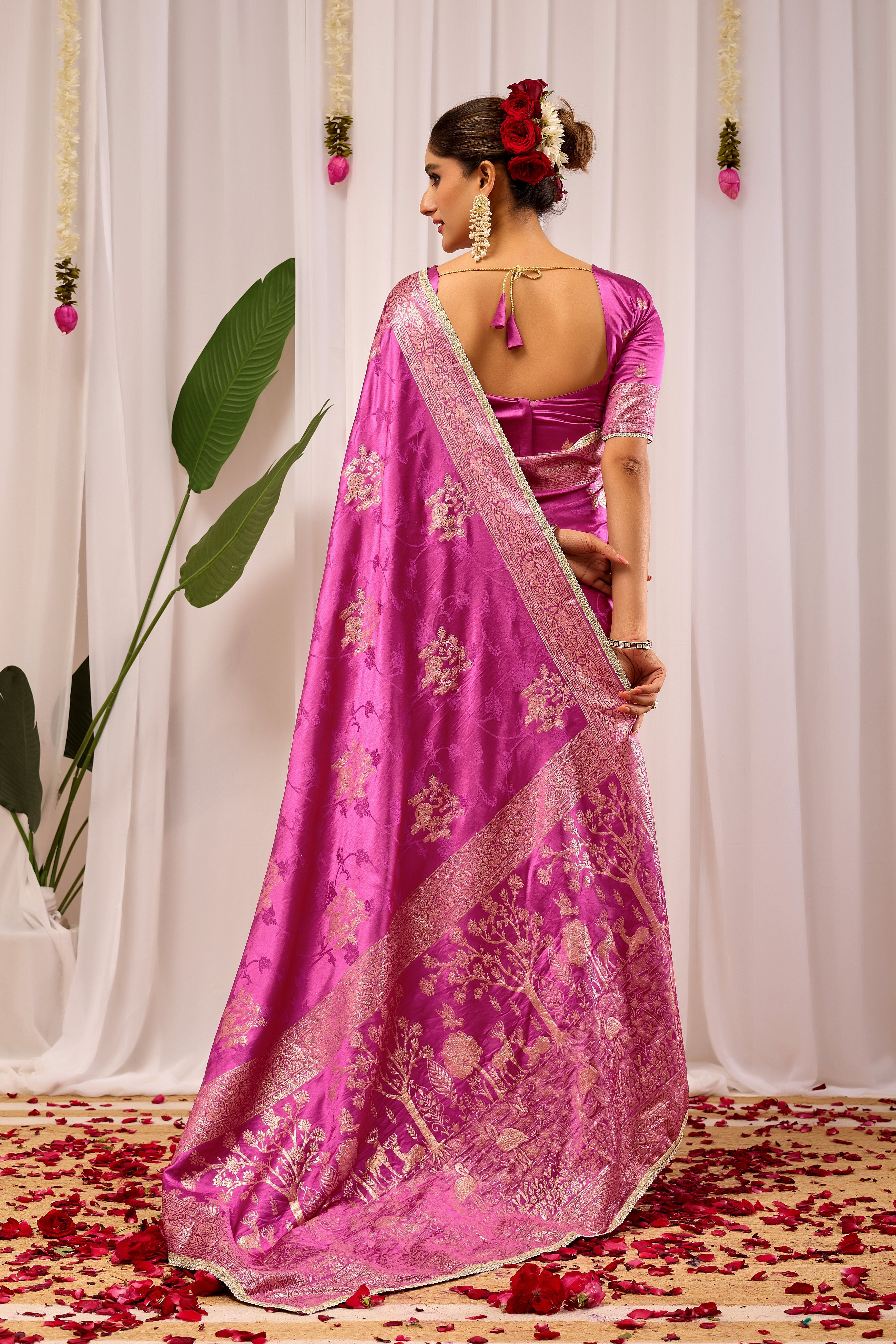 Royal Orchid Pink Satin Silk by Icultuer with Intricate Gold Zari Border