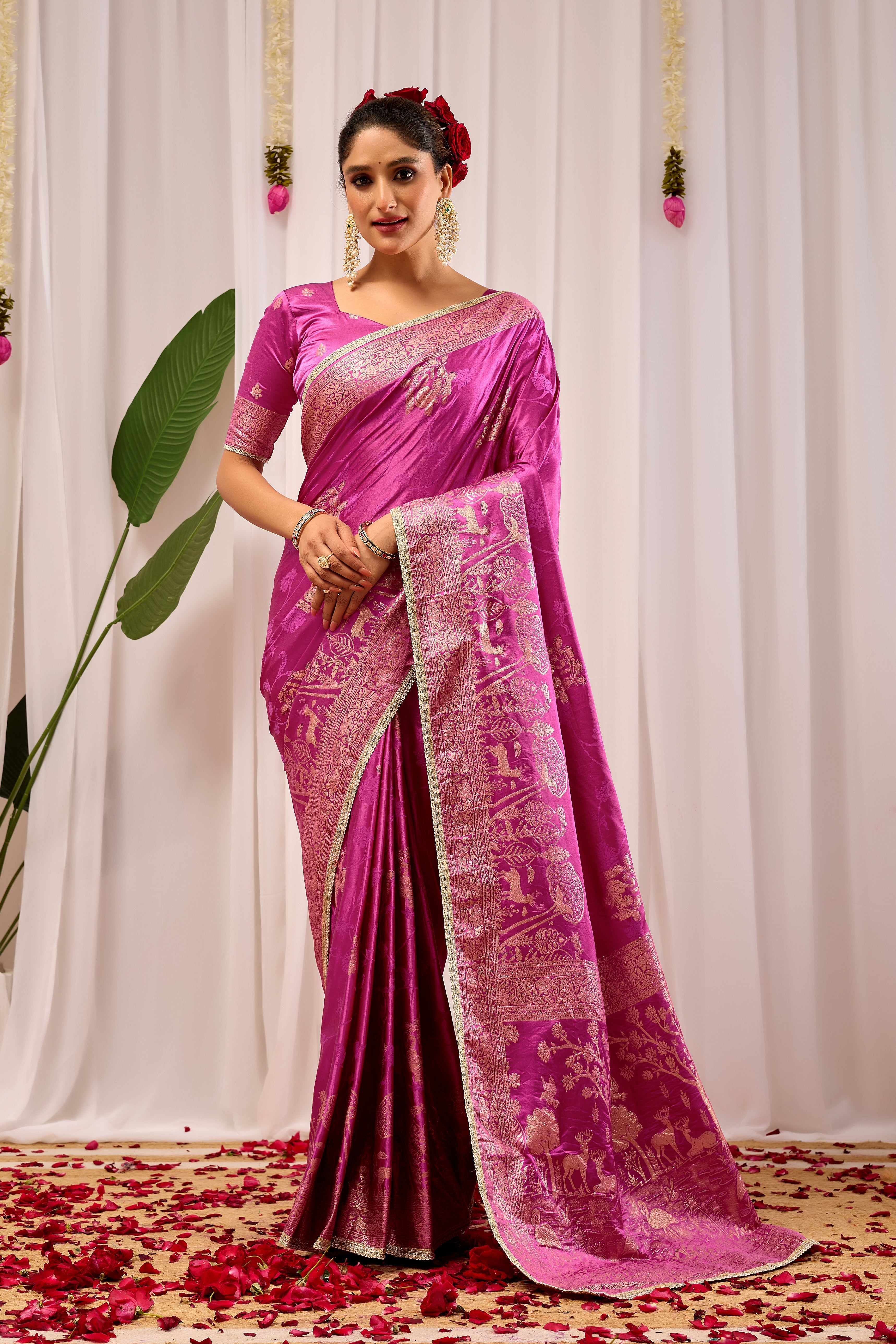 Royal Orchid Pink Satin Silk by Icultuer with Intricate Gold Zari Border